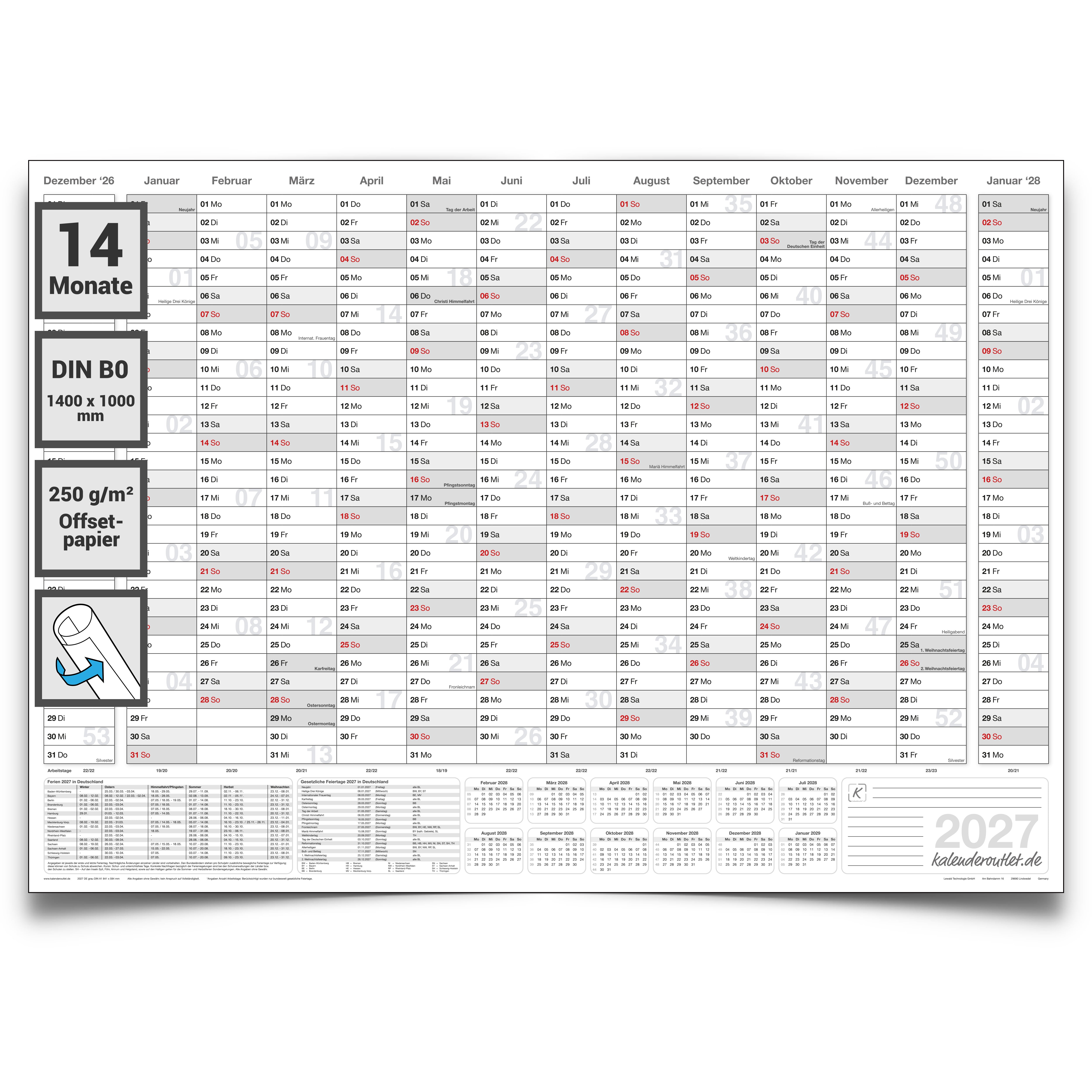 Jahreskalender 2027 B0 14 Monate gerollt 250 g Papier