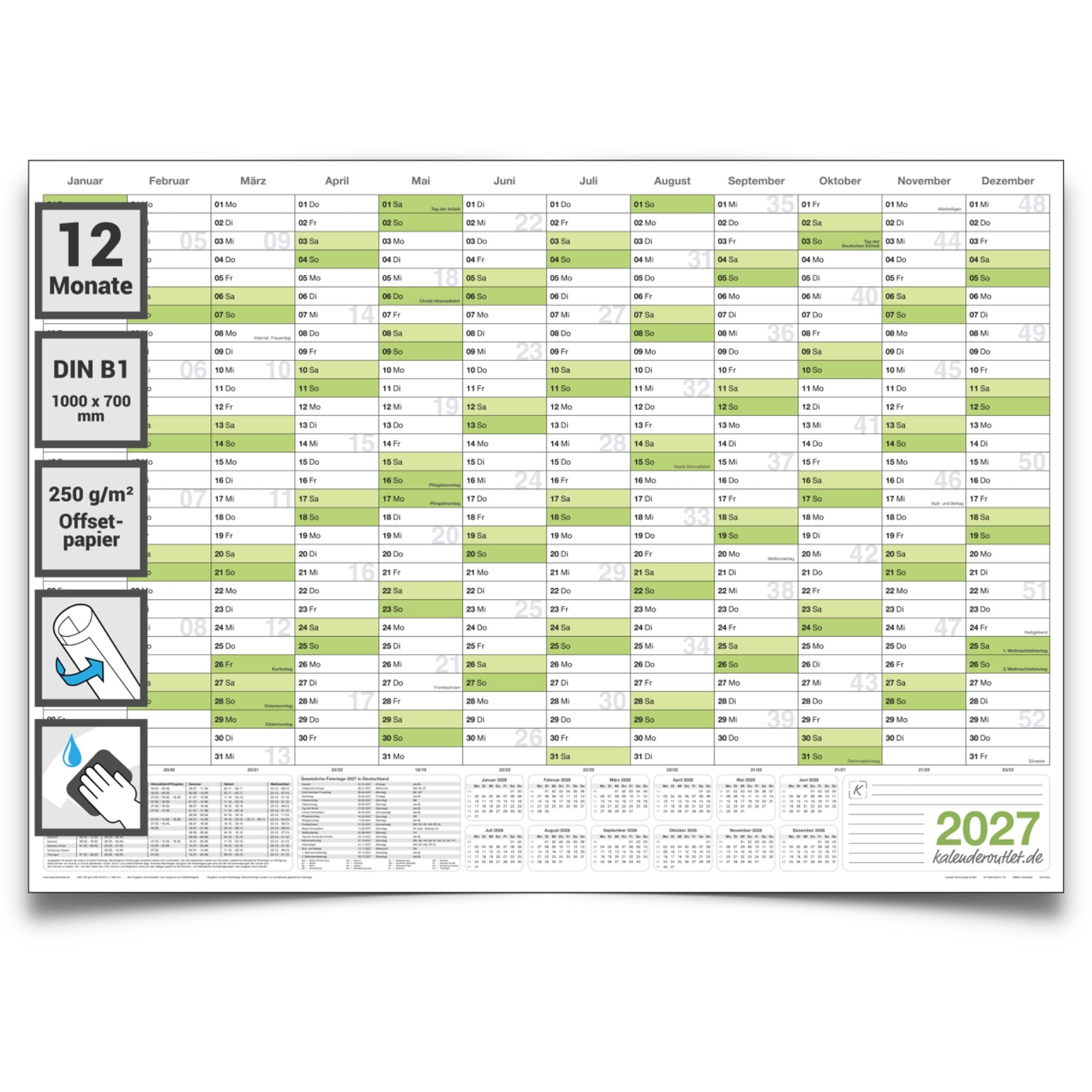 Wandkalender 2027 B1 700 x 1000 mm grün abwischbar Jahreskalender Planung