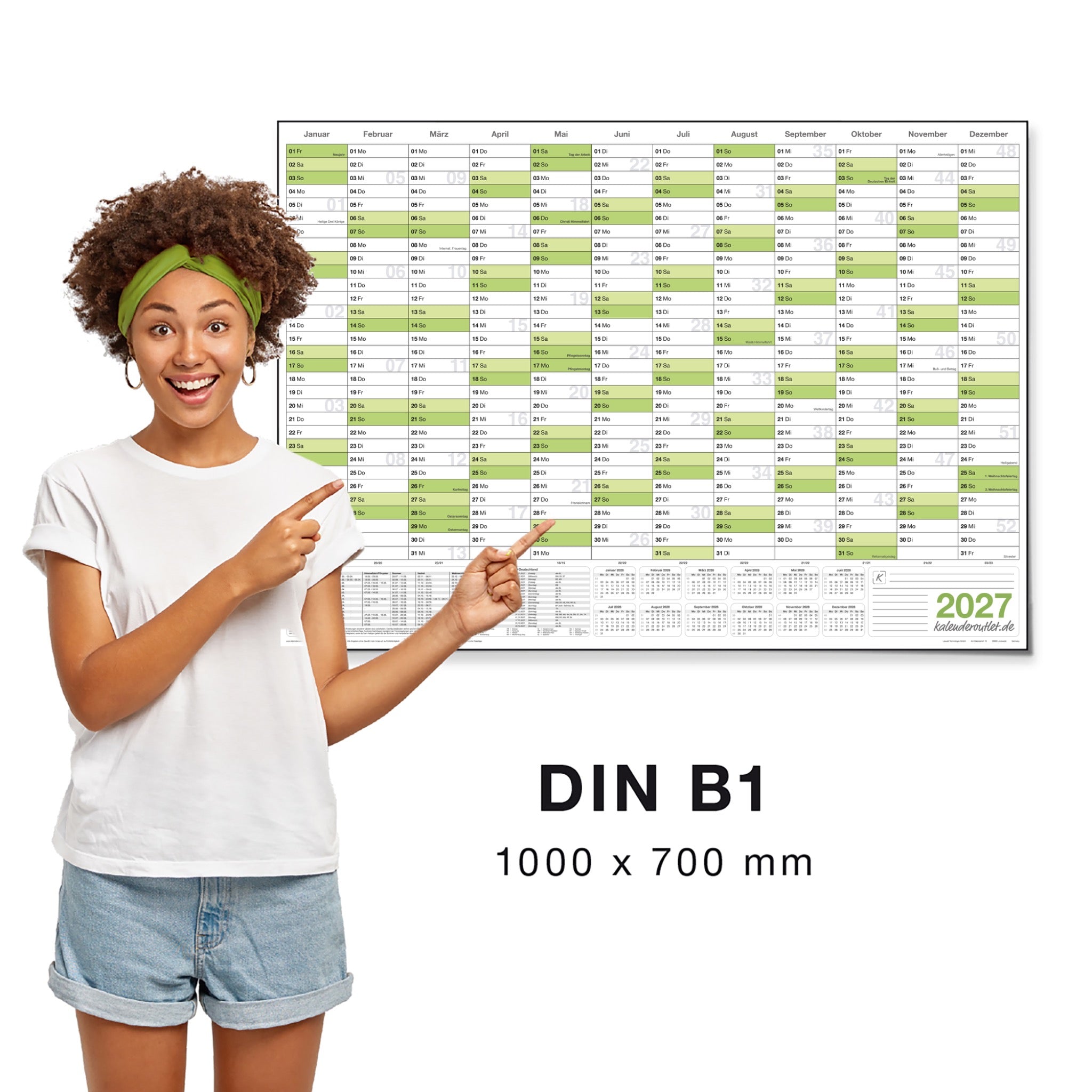 Wandkalender 2027 B1 700 x 1000 mm grün gerollt Wandplaner Teamplanung