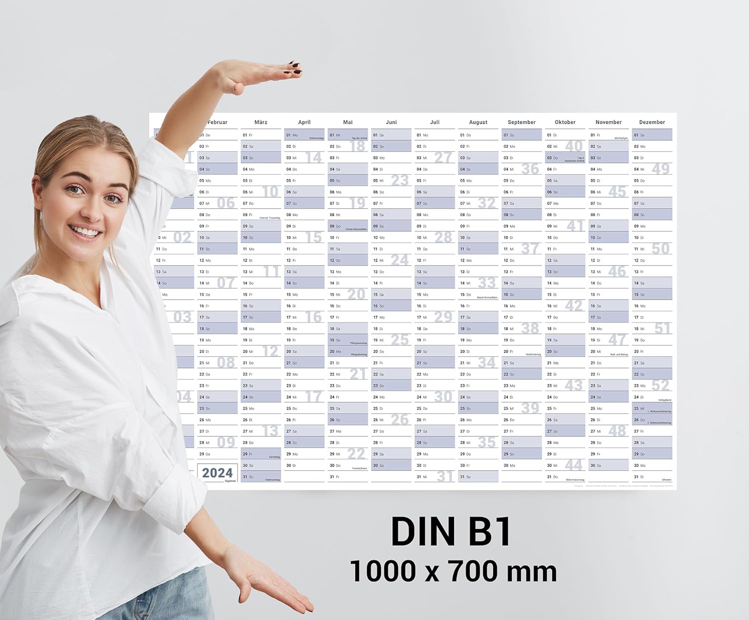Wandkalender 2027 B1 707 x 1000 mm blau grau Jahresübersicht