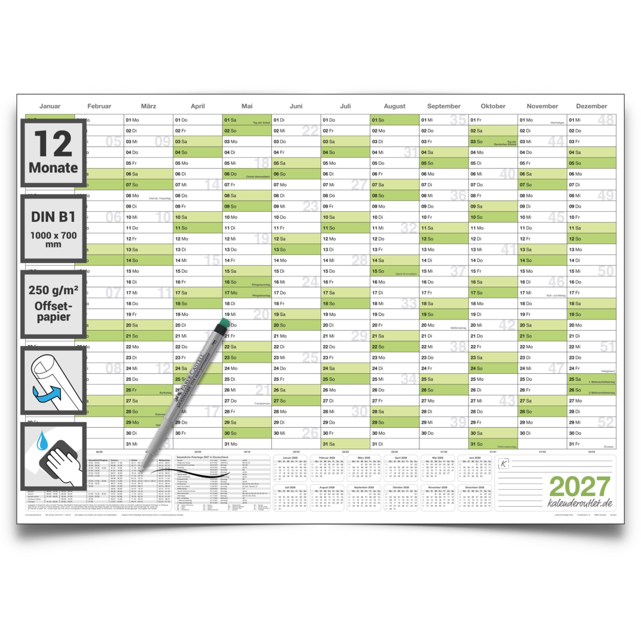 Wandkalender 2027 B1 700 x 1000 mm grün abwischbar Jahreskalender Planung