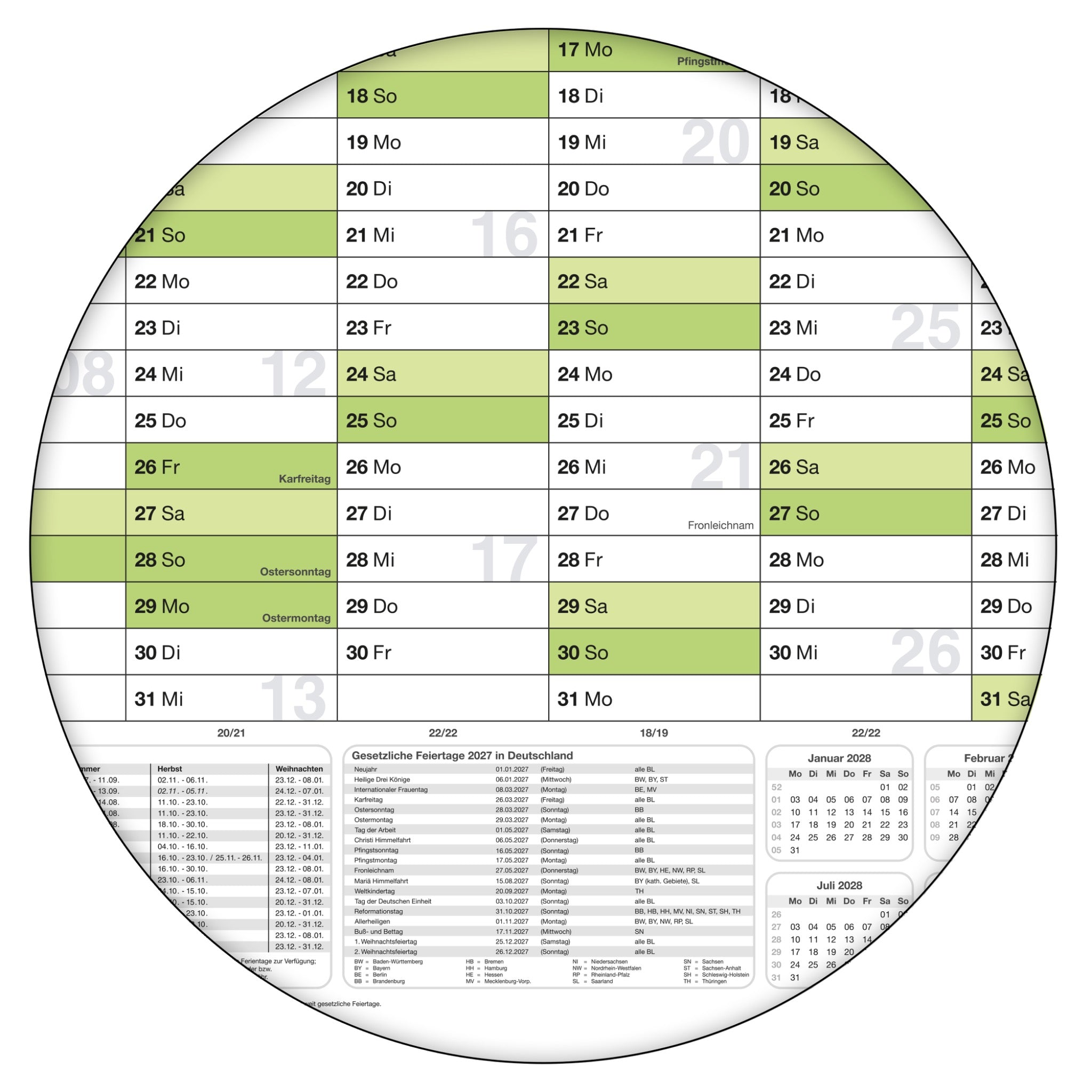 Wandkalender 2027 B1 700 x 1000 mm grün abwischbar Terminplanung