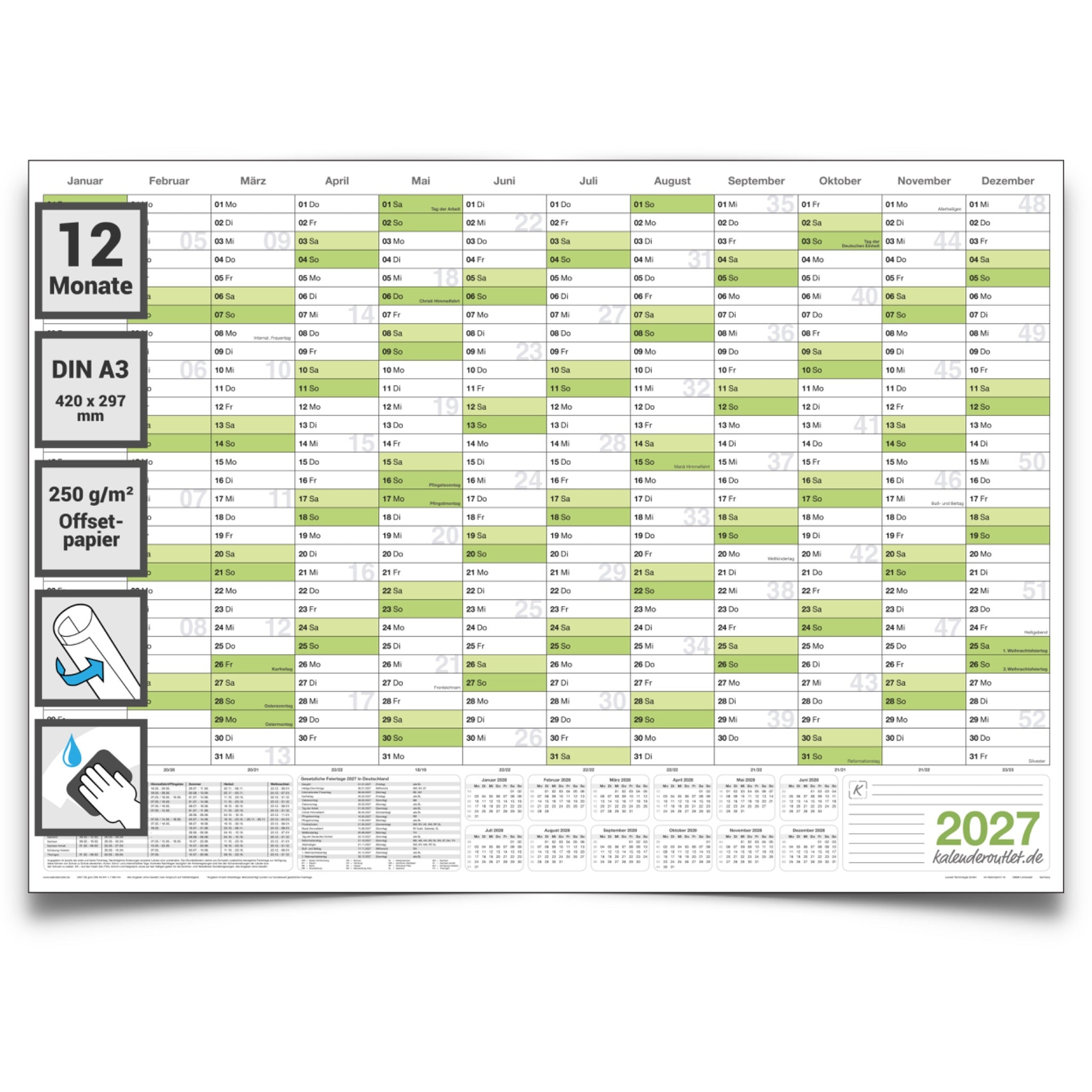 Wandkalender 2027 A3 297 x 420 mm grün abwischbar Jahreskalender Planung