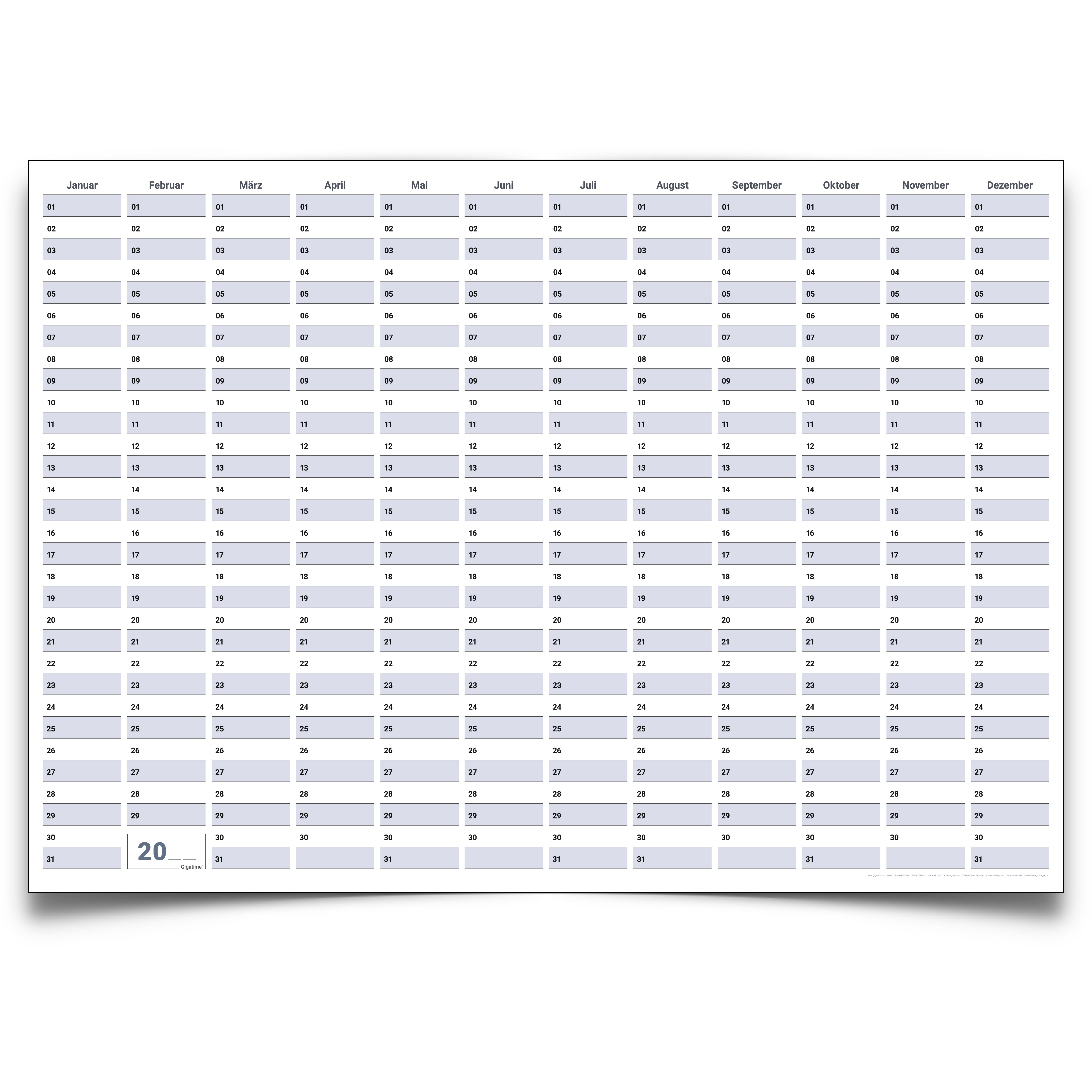 Wandkalender DIN A1 XXL 594 x 841 mm blau grau gerollt mit Marker Jahresübersicht