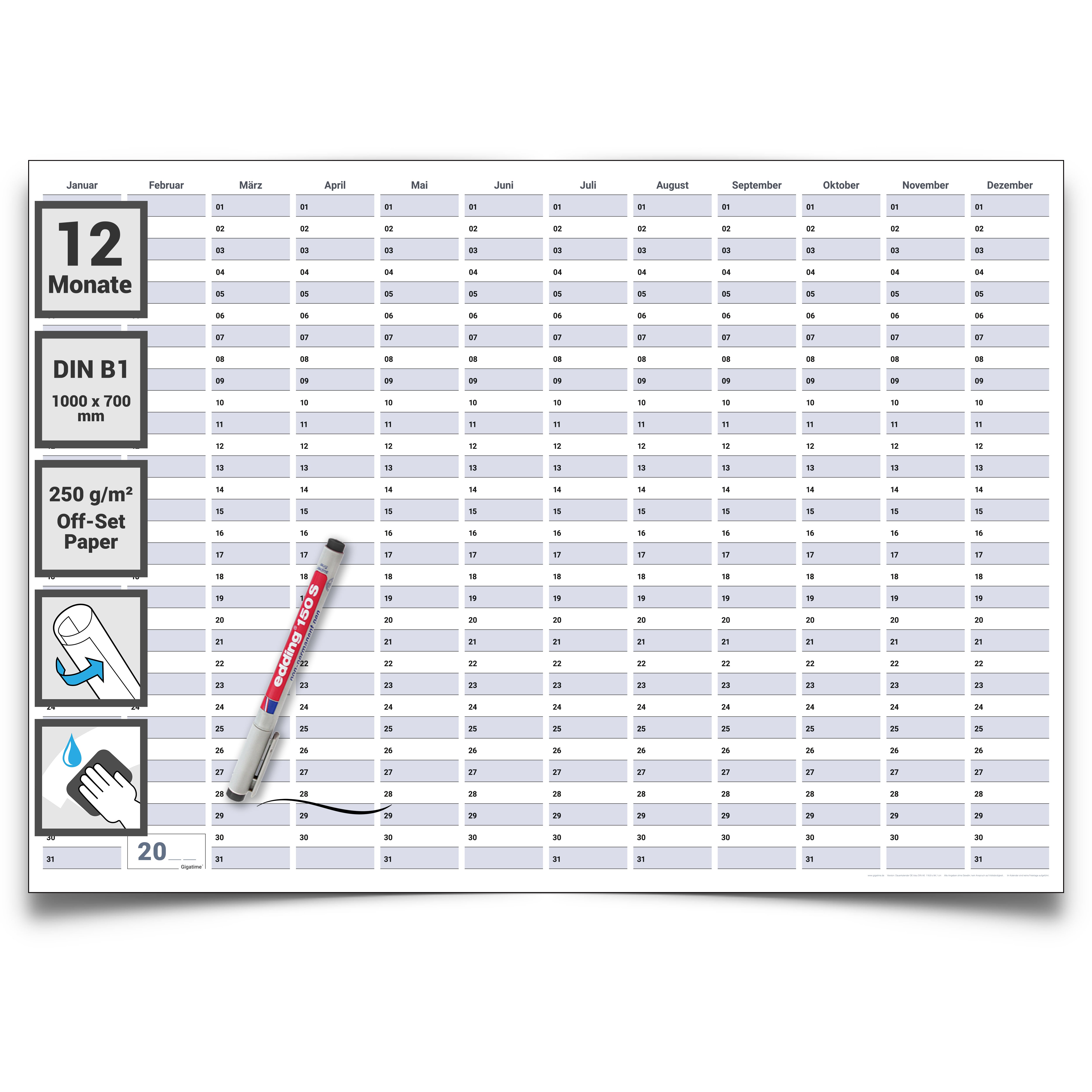 Wandkalender DIN B1 700 x 1000 mm blau grau abwischbar Dauerkalender Planung