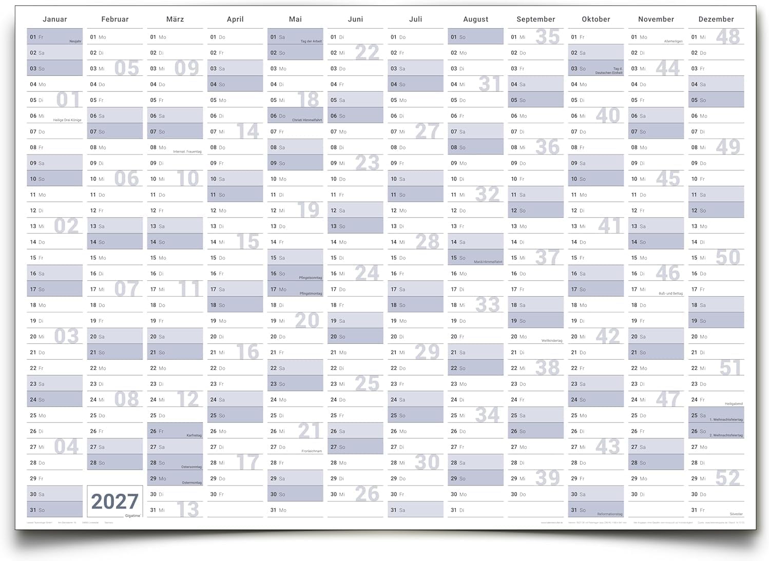 Wandkalender 2027 A0 841 x 1189 mm blau grau Jahreskalender gerollt