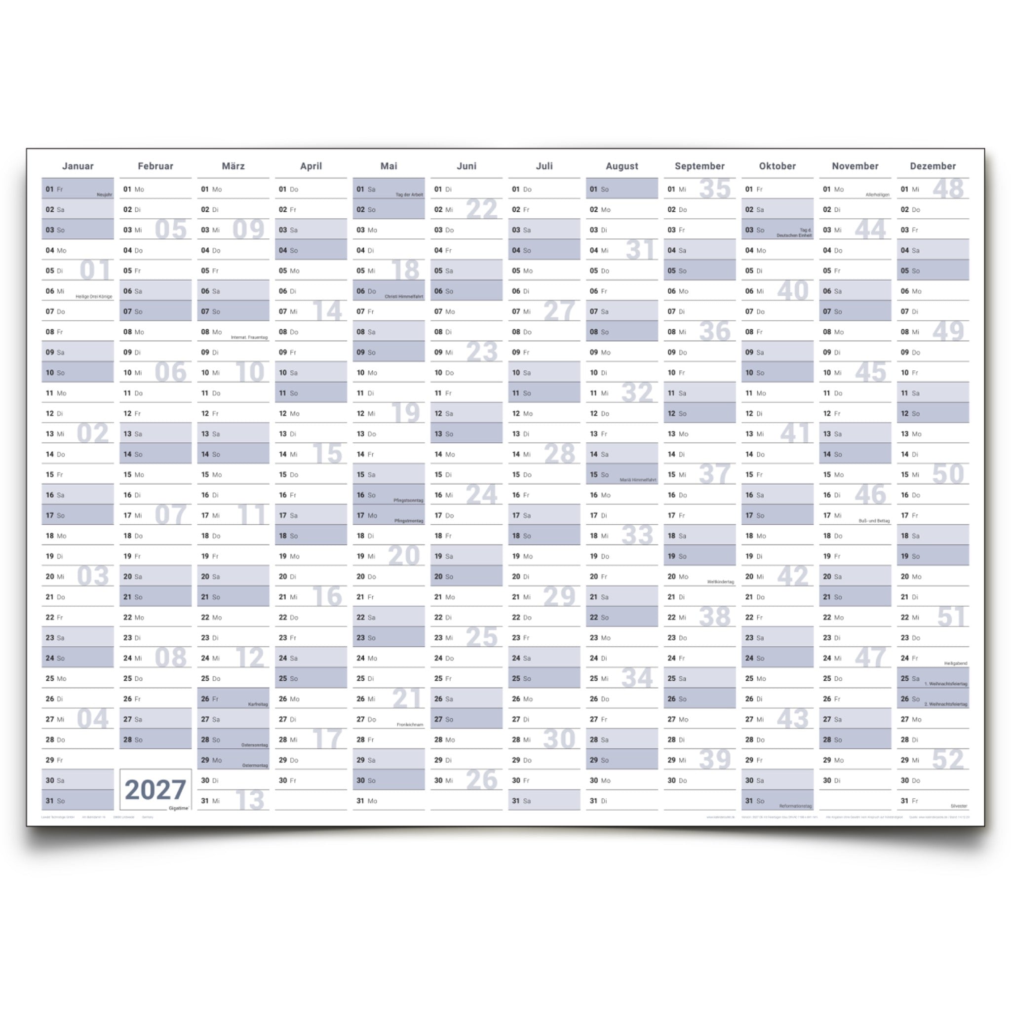Jahreskalender 2027 B0 abwischbar gerollt mit 4er Stifte-Set & Schwamm 250 g Papier