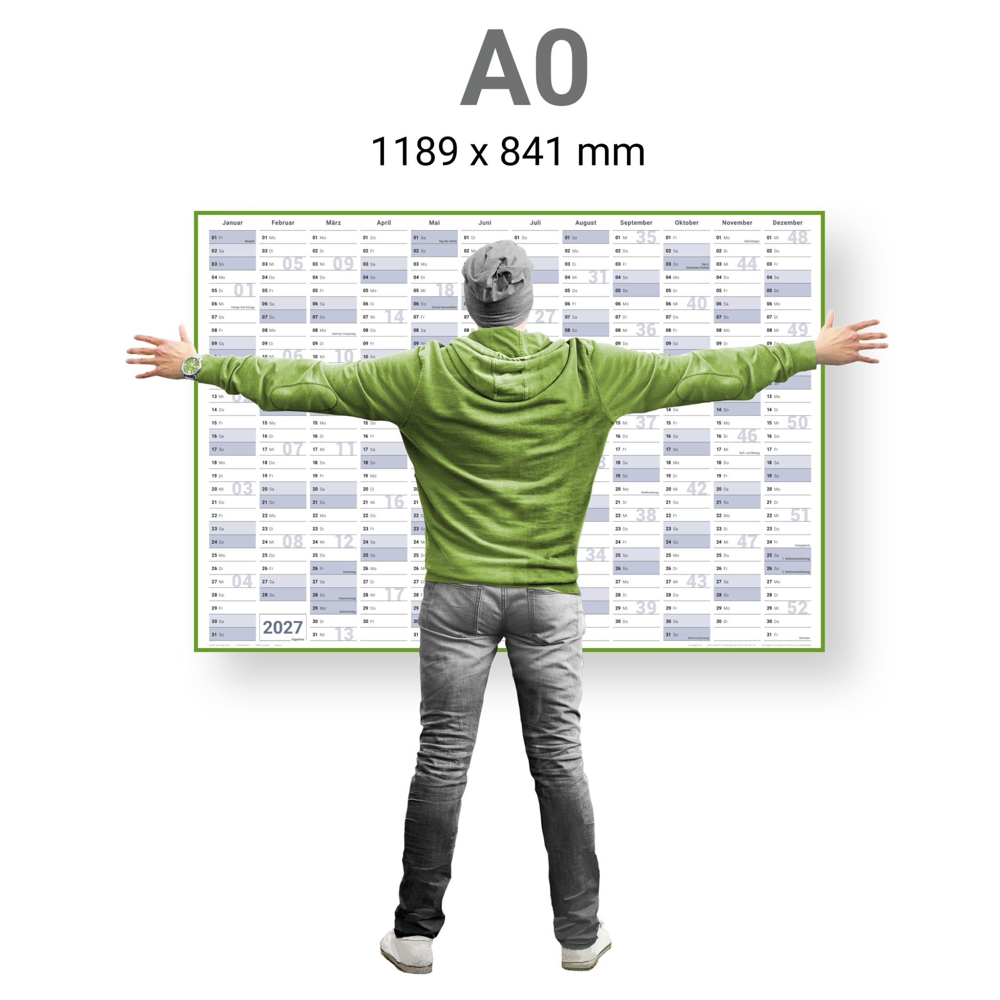 Jahreskalender 2027 A0 abwischbar gerollt mit 4er Stifte-Set & Schwamm 250 g Papier