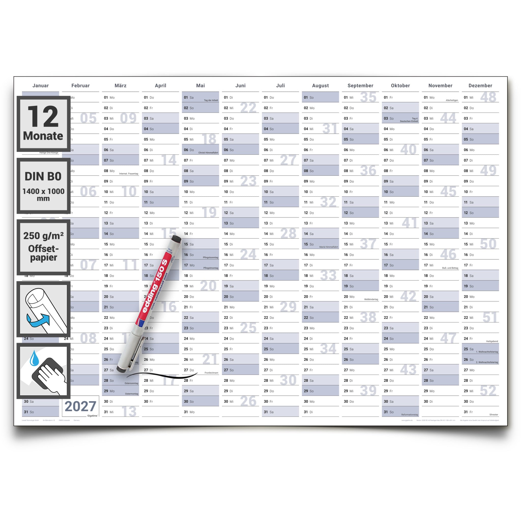 Jahreskalender 2027 B0 abwischbar gerollt mit Marker 250 g Papier