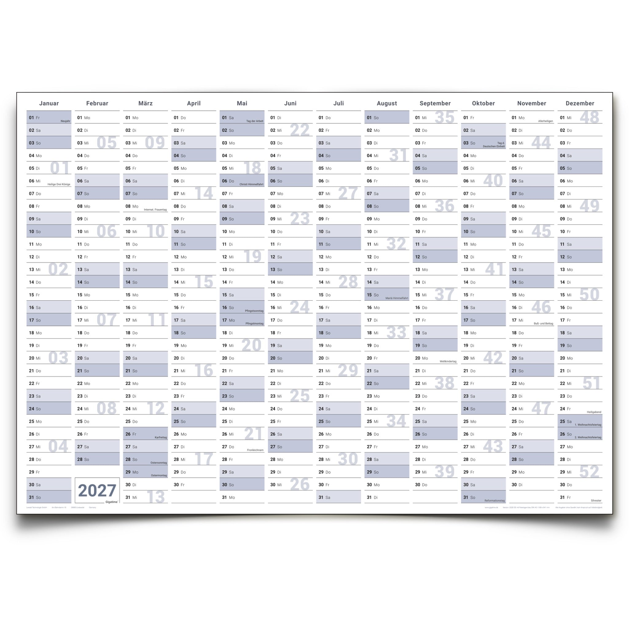 Jahreskalender 2027 B0 abwischbar gerollt mit Marker 250 g Papier