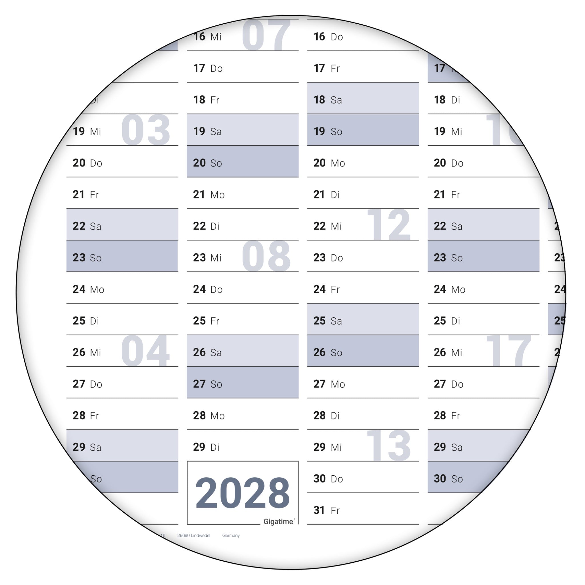 Wandkalender 2028 als runder Bildausschnitt, ideal als hochwertiger Jahresplaner oder Werbekalender drucken lassen und online bestellen