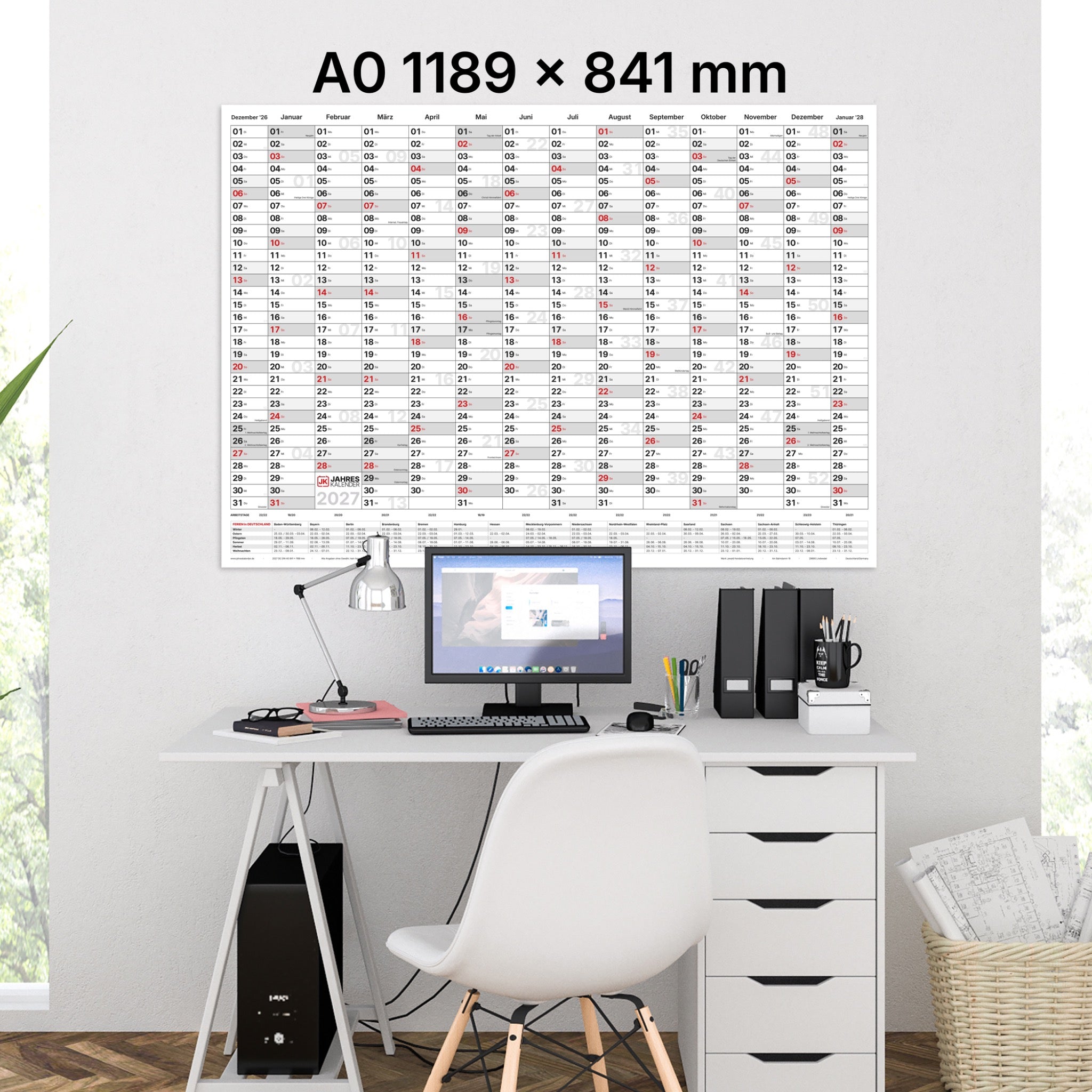 Jahreskalender 2027 A0 abwischbar gerollt mit Marker 250 g Papier
