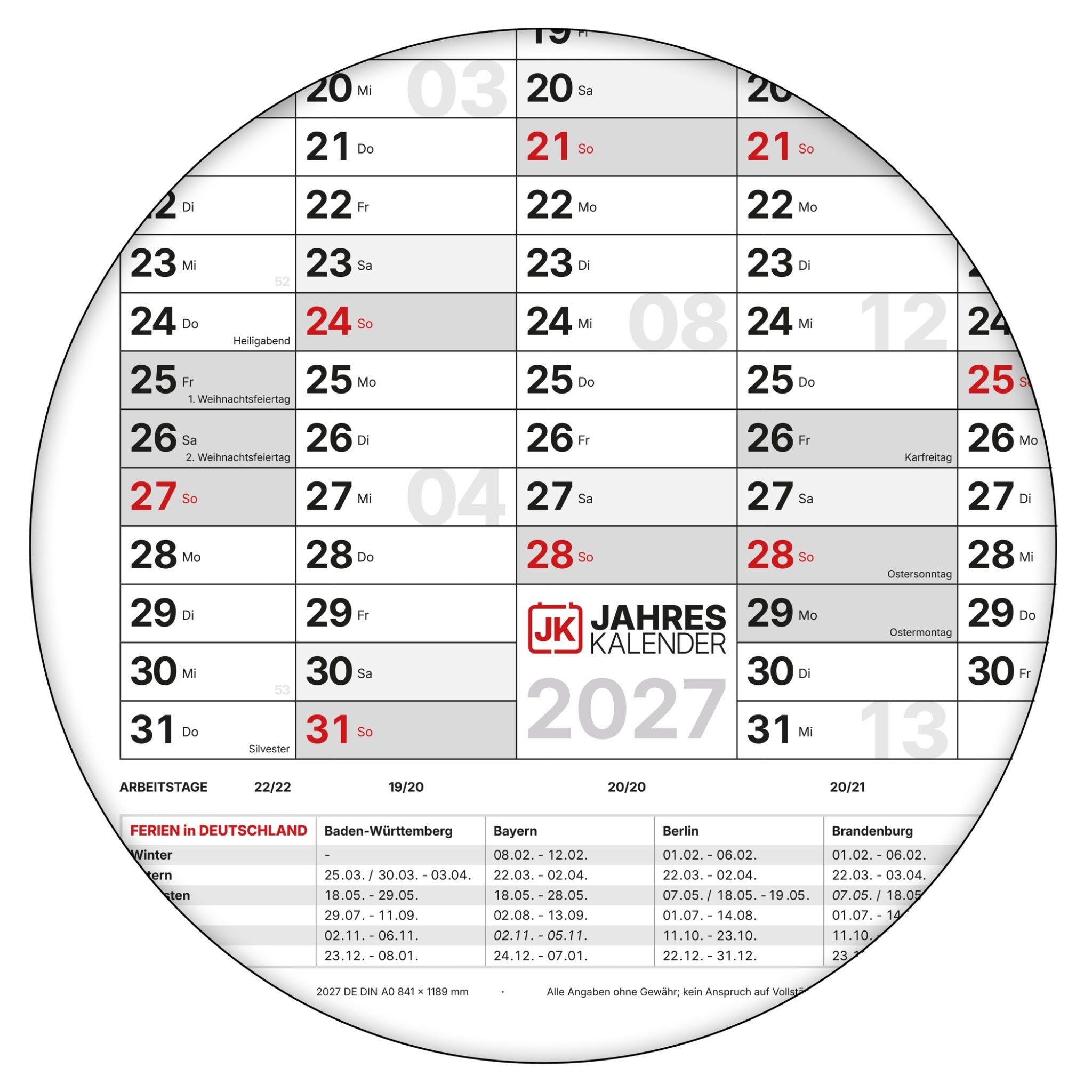 Jahreskalender 2027 A0 14 Monate abwischbar gerollt mit Marker 250 g Papier
