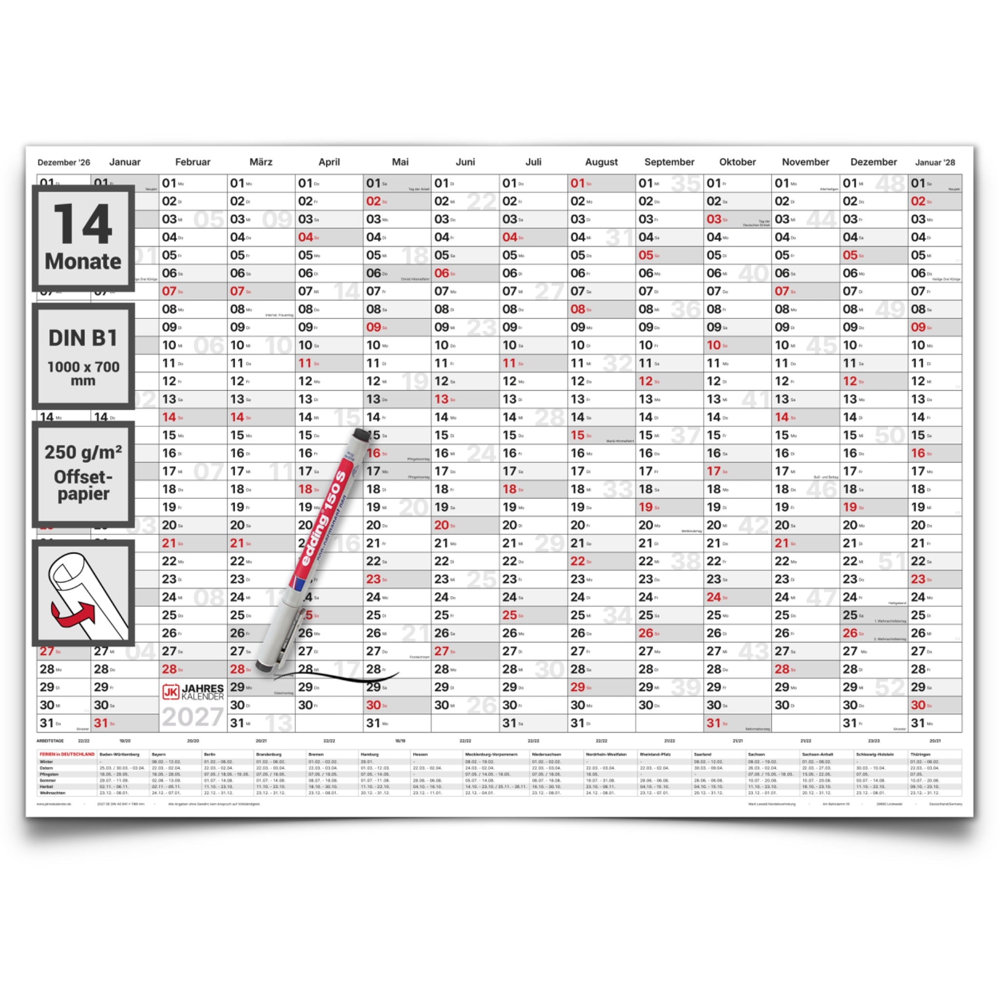 Jahreskalender 2027 B1 14 Monate abwischbar gerollt mit Marker 250 g Papier