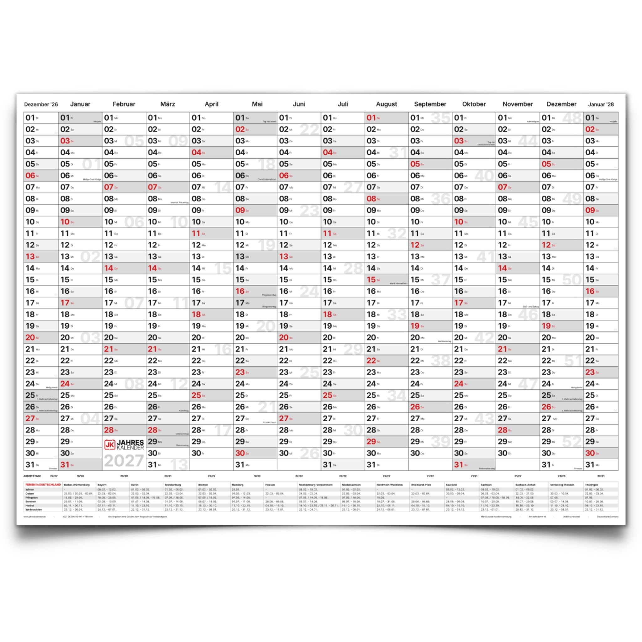 Jahreskalender 2027 A0 14 Monate abwischbar gerollt mit Marker 250 g Papier