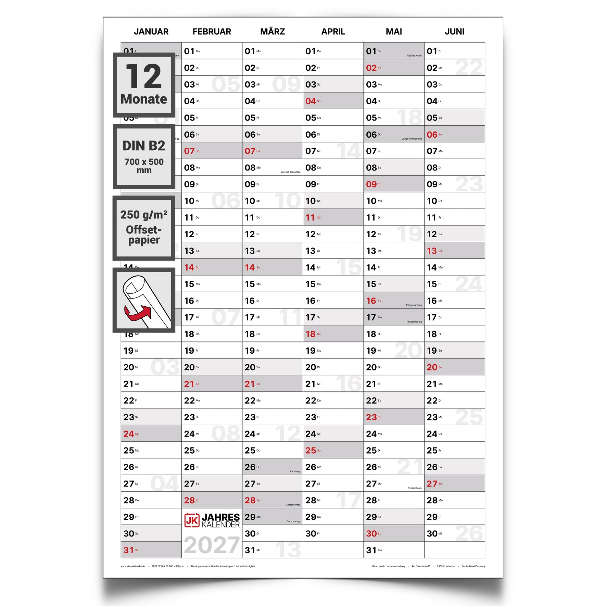 Jahreskalender 2027 DIN B2 50 x 70 cm, Hochformat, beidseitig bedruckt, 14 Monate beschreibbar – Familienplaner & Büroplaner