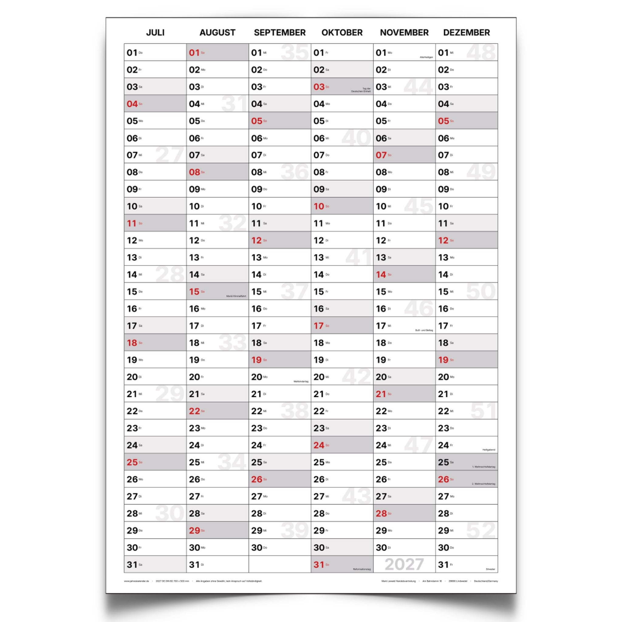 Jahreskalender 2027 DIN B2 50 x 70 cm, Hochformat, beidseitig bedruckt, 14 Monate beschreibbar – Familienplaner & Büroplaner