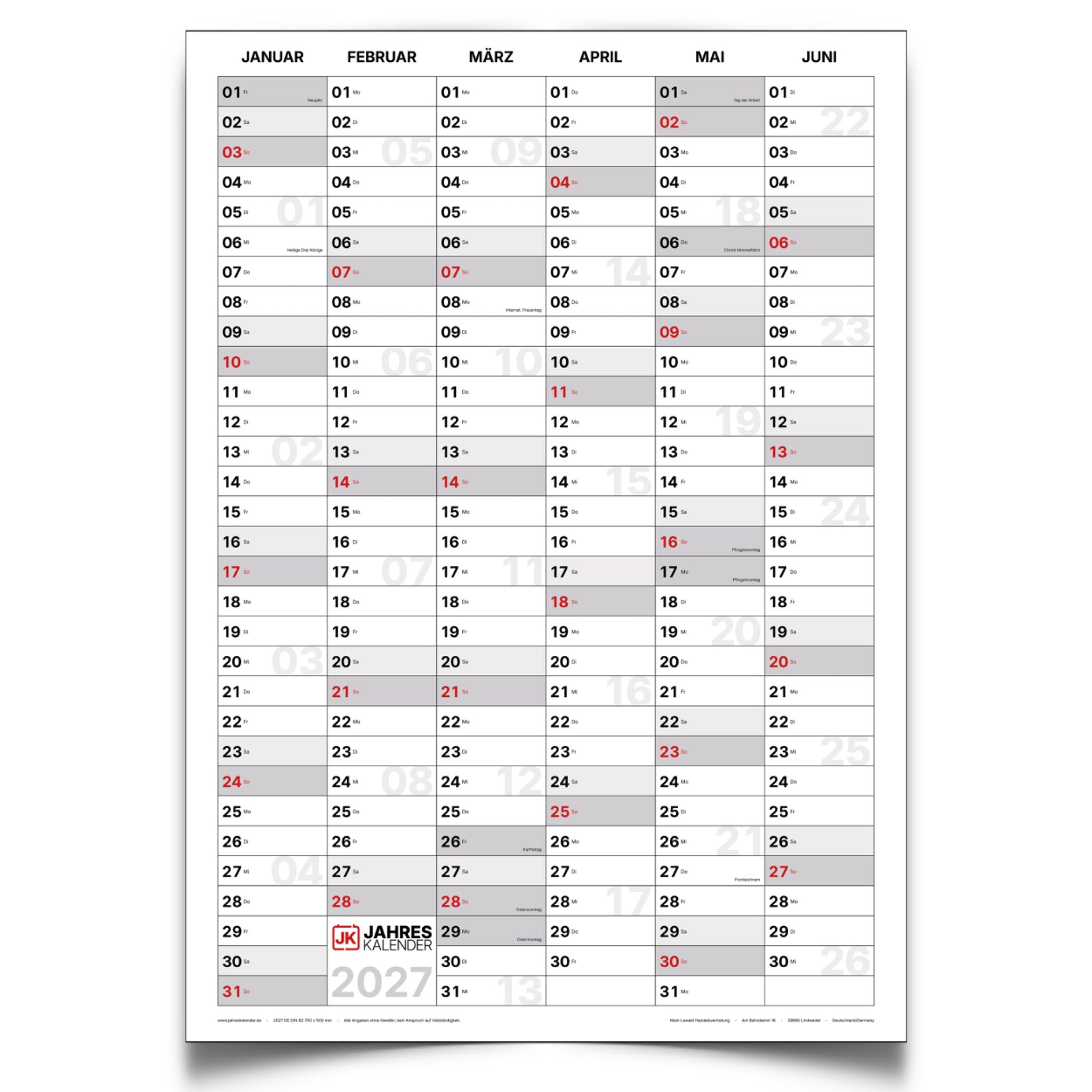 Jahreskalender 2027 DIN B2 50 x 70 cm, Hochformat, beidseitig bedruckt, 14 Monate beschreibbar – Familienplaner & Büroplaner