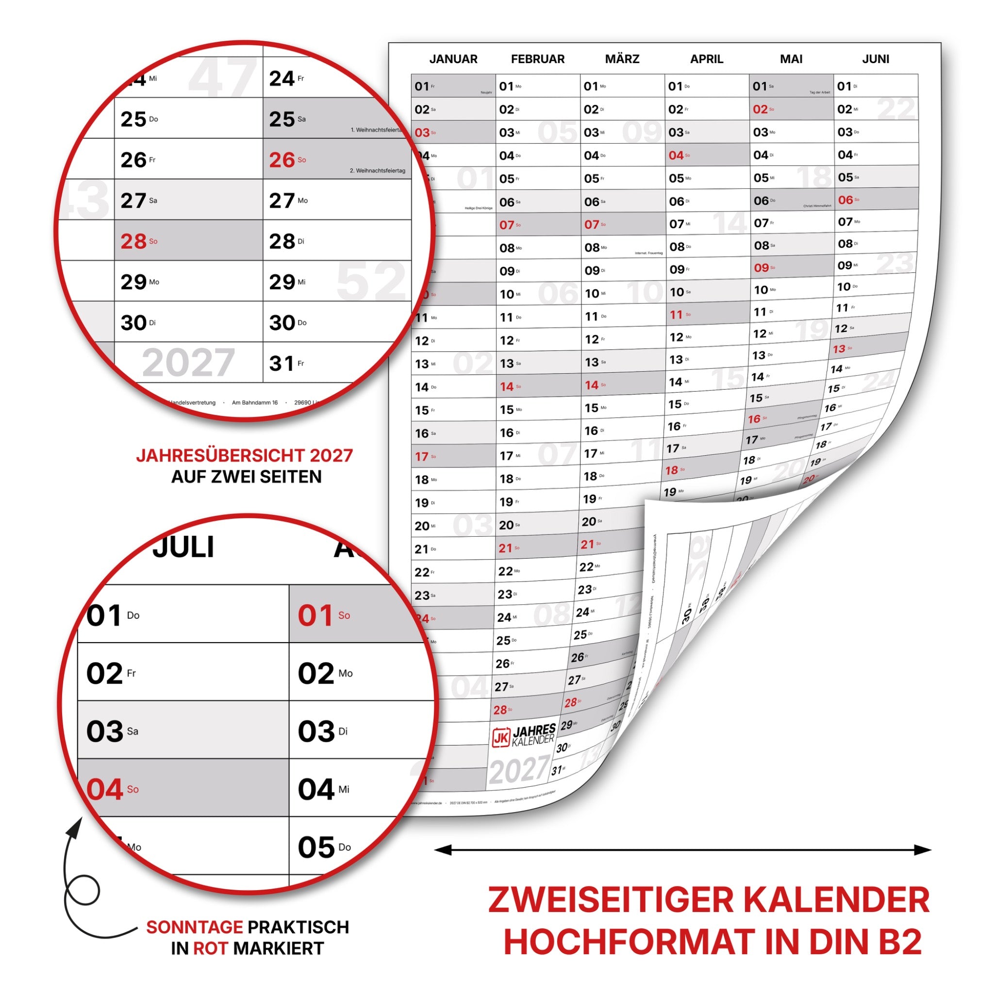 Jahreskalender 2027 DIN B2 50 x 70 cm, Hochformat, beidseitig bedruckt, 14 Monate beschreibbar – Familienplaner & Büroplaner