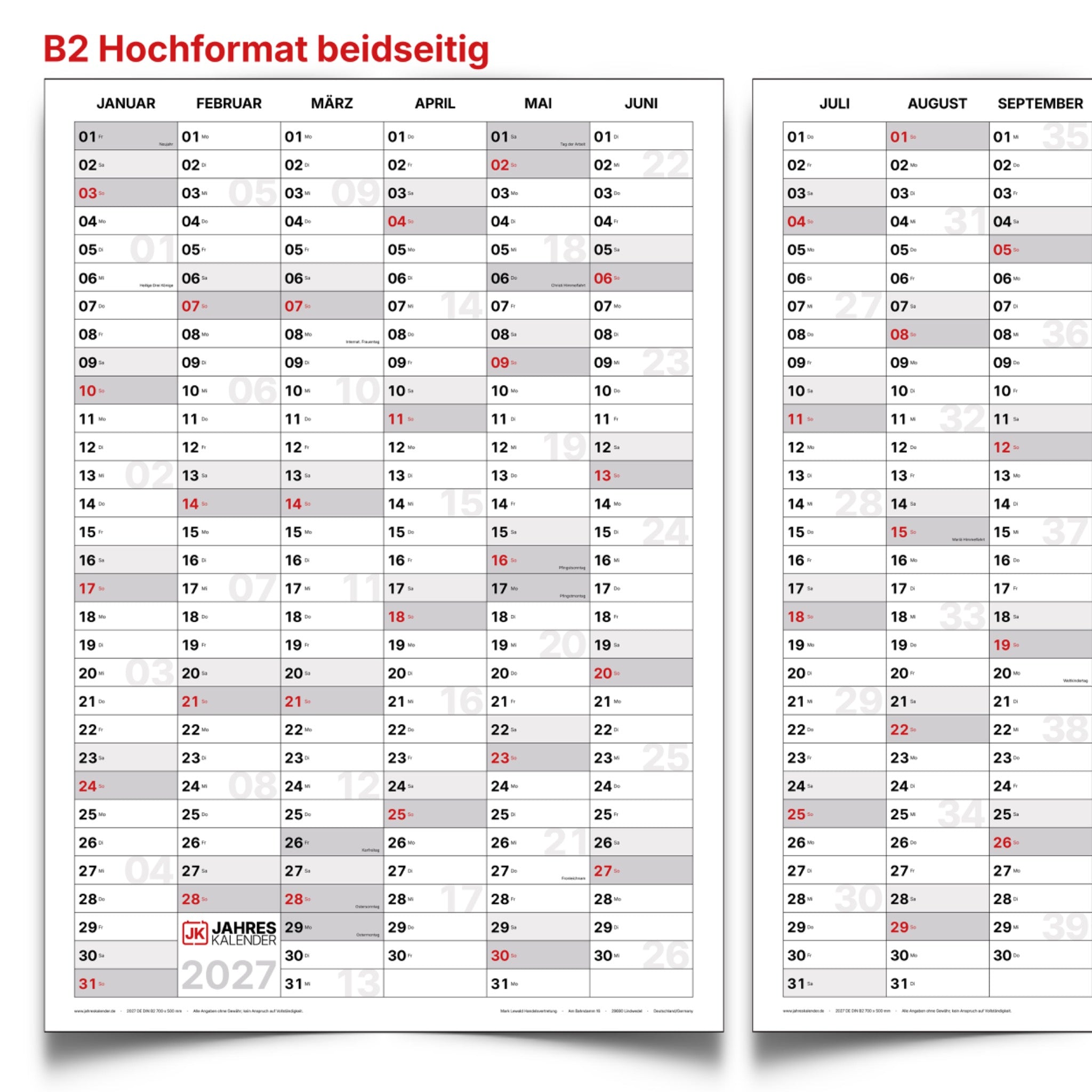 Jahreskalender 2027 DIN B2 50 x 70 cm, Hochformat, beidseitig bedruckt, 14 Monate beschreibbar – Familienplaner & Büroplaner