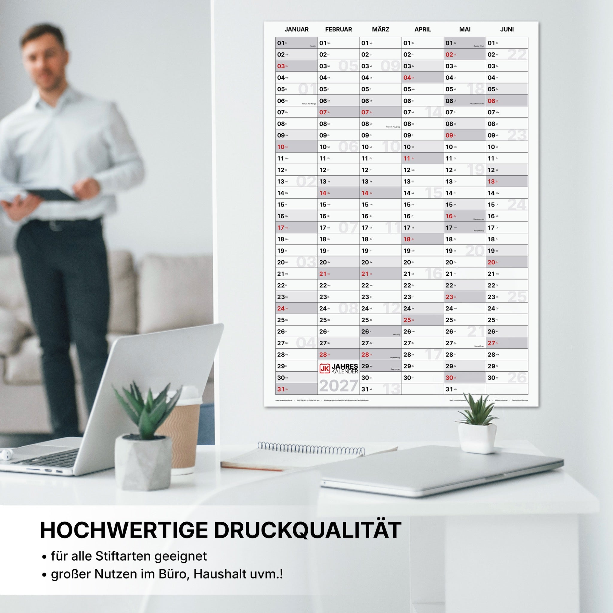 Jahreskalender 2027 DIN B2 50 x 70 cm, Hochformat, beidseitig bedruckt, 14 Monate beschreibbar – Familienplaner & Büroplaner