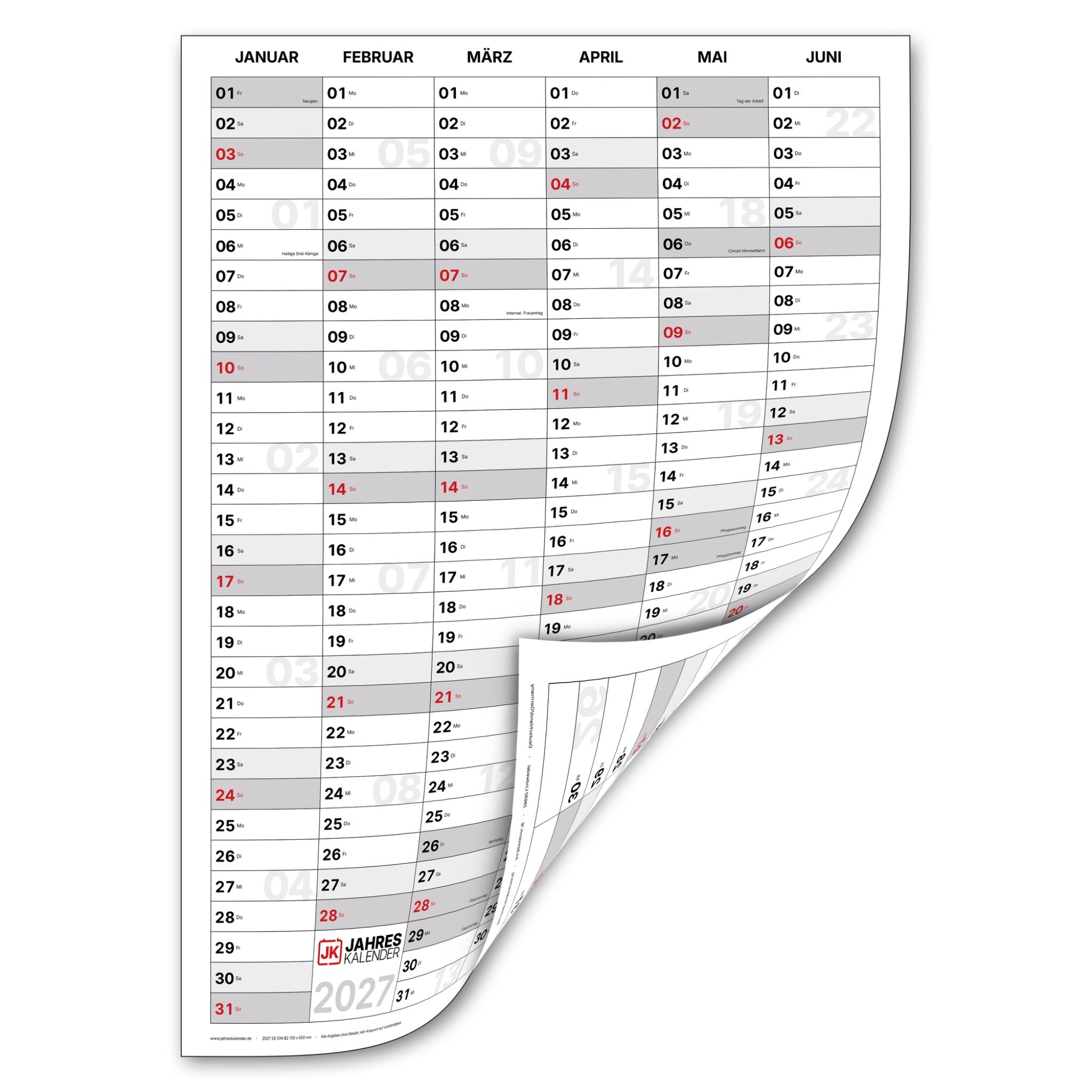Jahreskalender 2027 DIN B2 50 x 70 cm, Hochformat, beidseitig bedruckt, 12 Monate beschreibbar – Familienplaner & Büroplaner