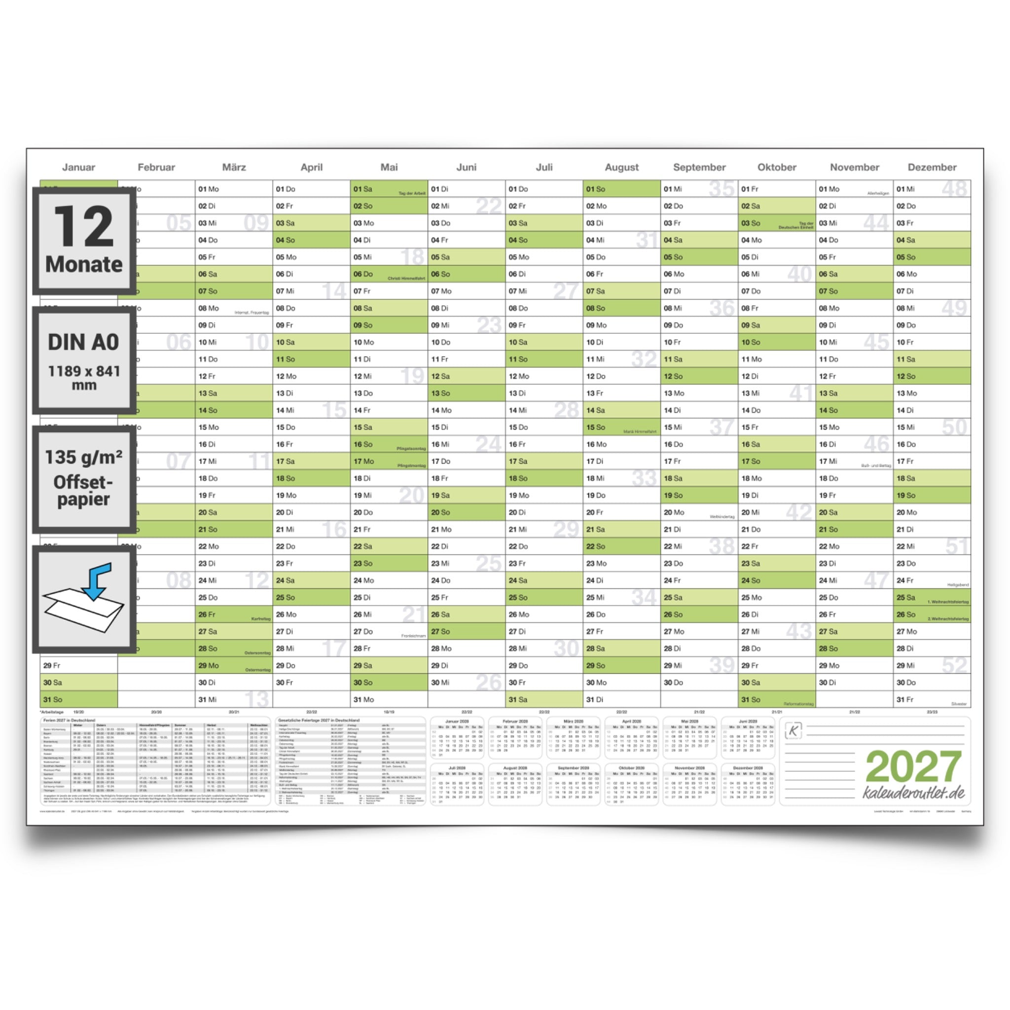 Jahreskalender 2027 A0 quer gefaltet 135 g Papier