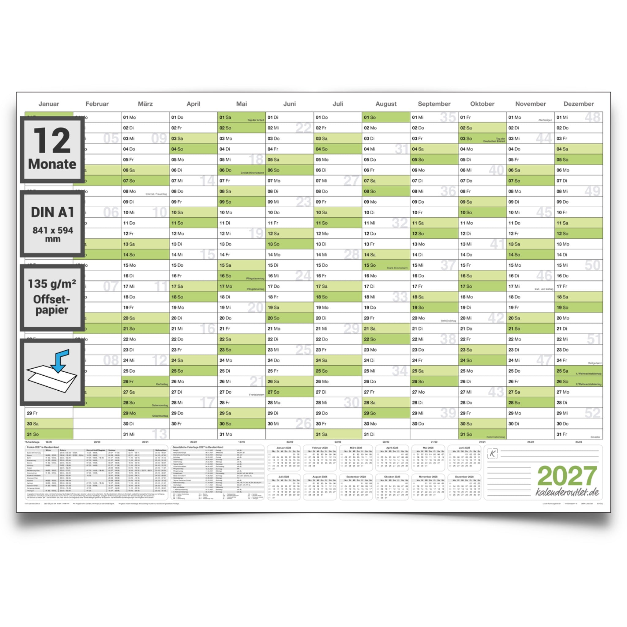 Jahreskalender 2027 A1 abwischbar gerollt 250 g Papier