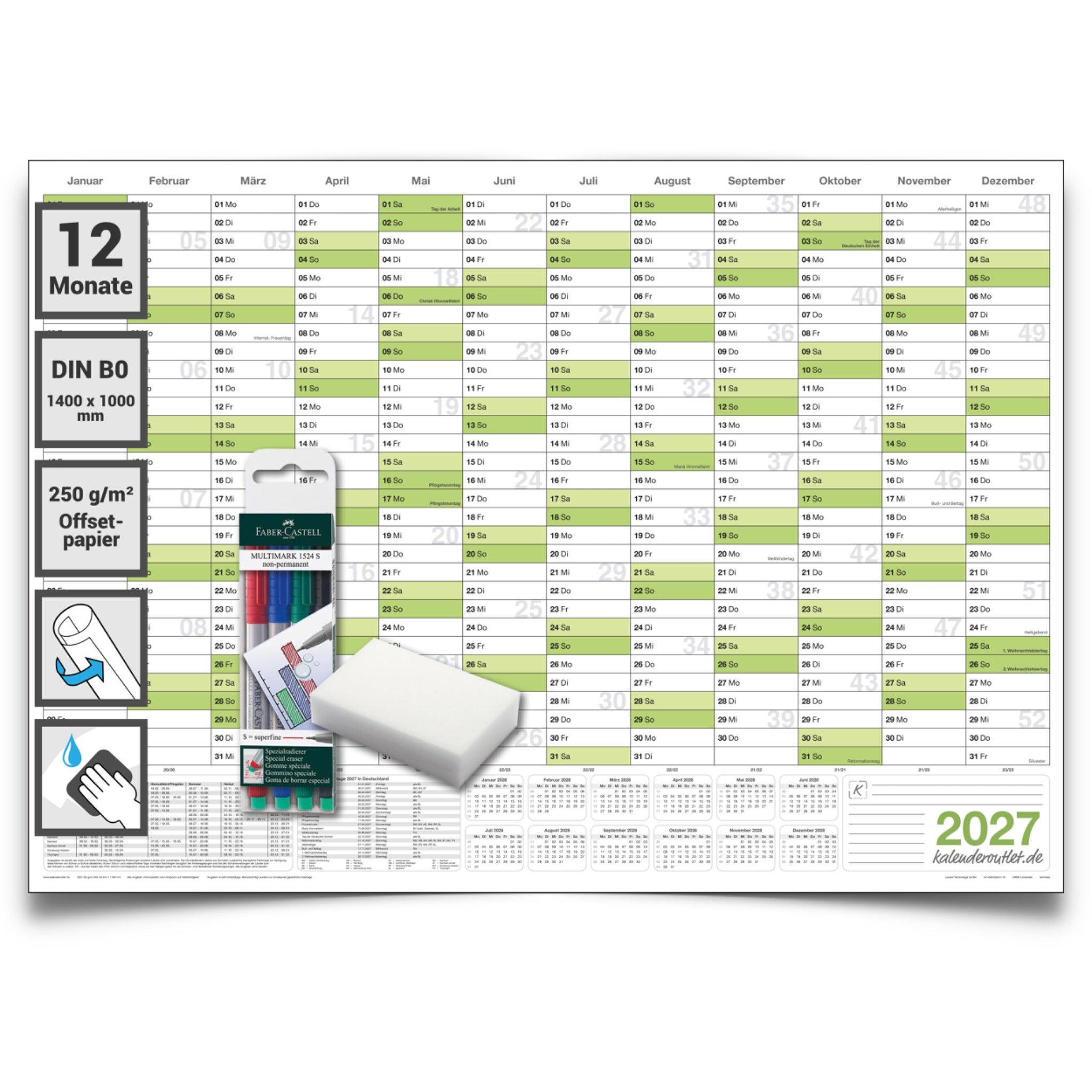 Jahreskalender 2027 B0 abwischbar gerollt mit 4er Stifte-Set & Schwamm 250 g Papier