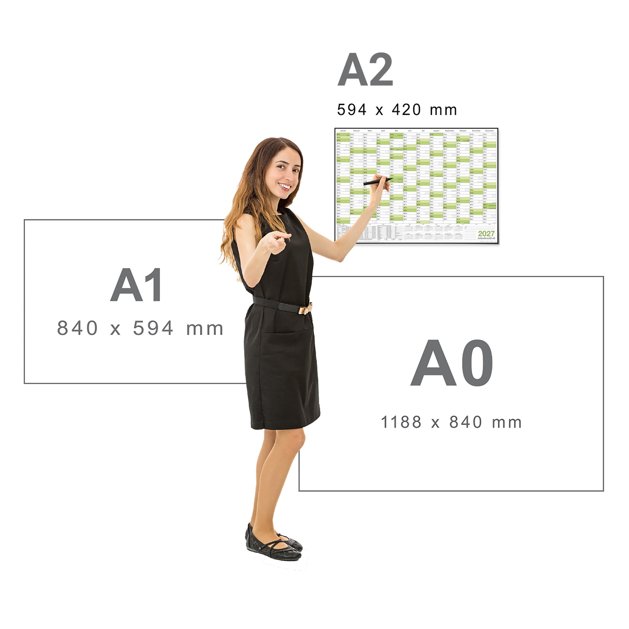 Jahreskalender 2027 A2 abwischbar gerollt mit 4er Stifte-Set & Schwamm 250 g Papier
