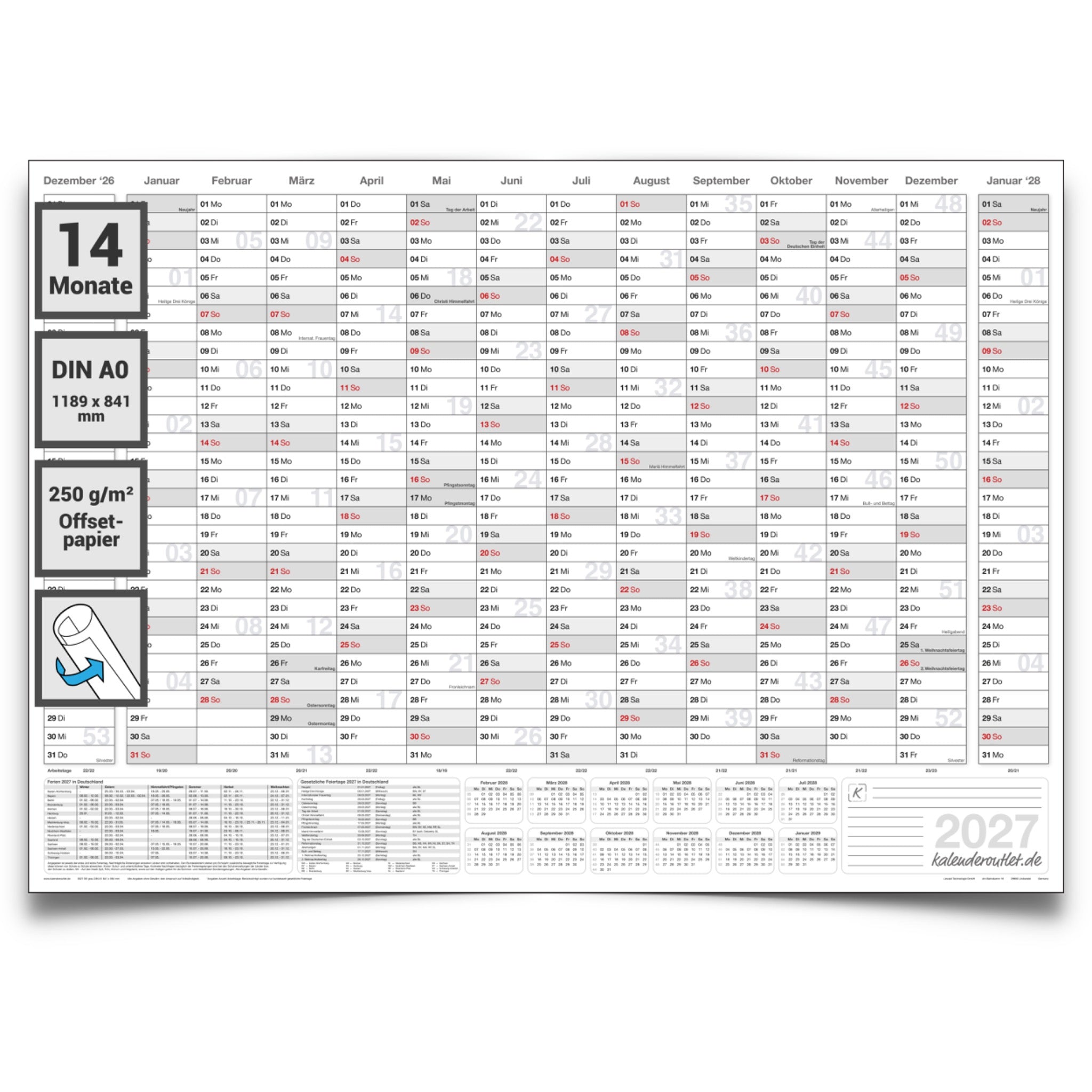 Jahreskalender 2027 A0 14 Monate gerollt 250 g Papier