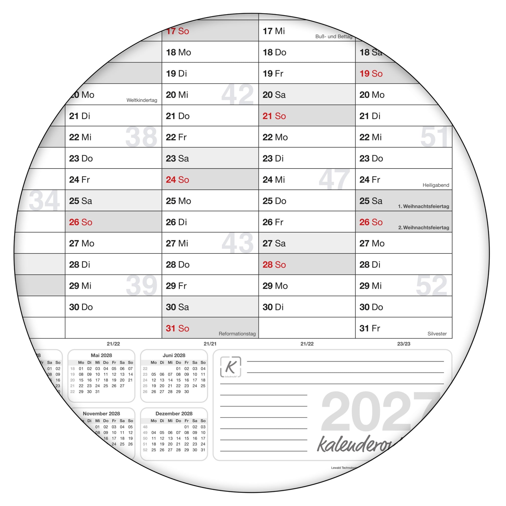 Jahreskalender 2027 B0 14 Monate gerollt 250 g Papier