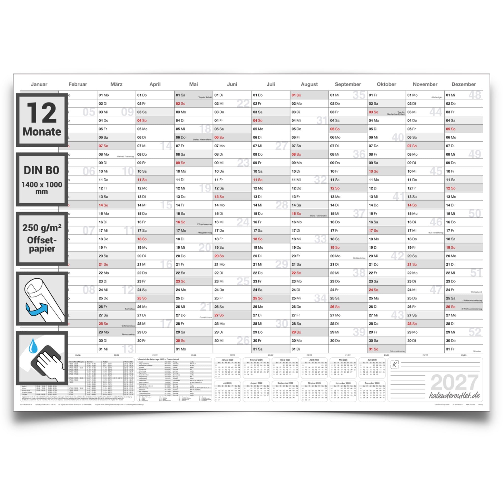 Jahreskalender 2027 B0 14 Monate gerollt 250 g Papier