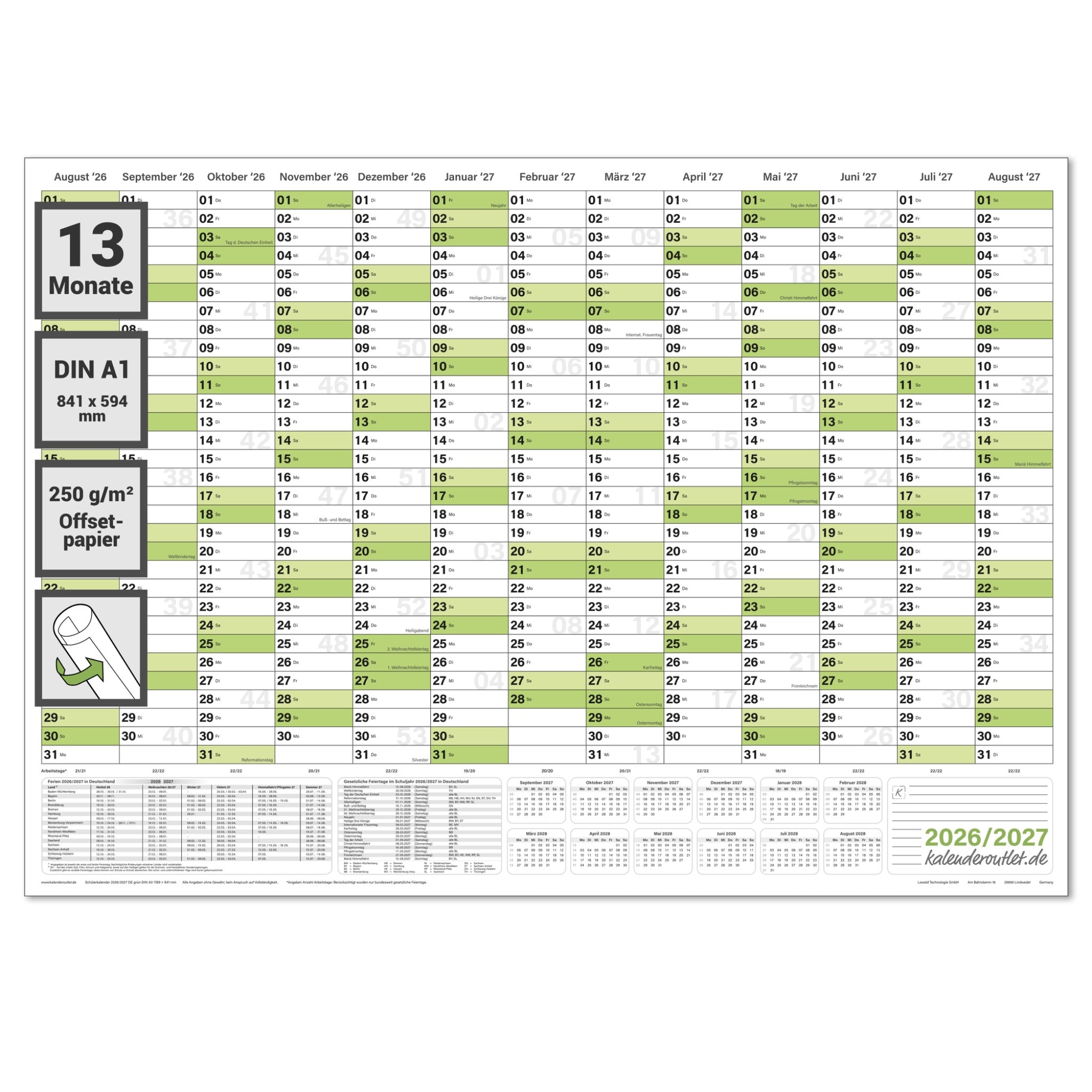 Schuljahreskalender 2026/27 A1 quer gerollt 250 g Papier