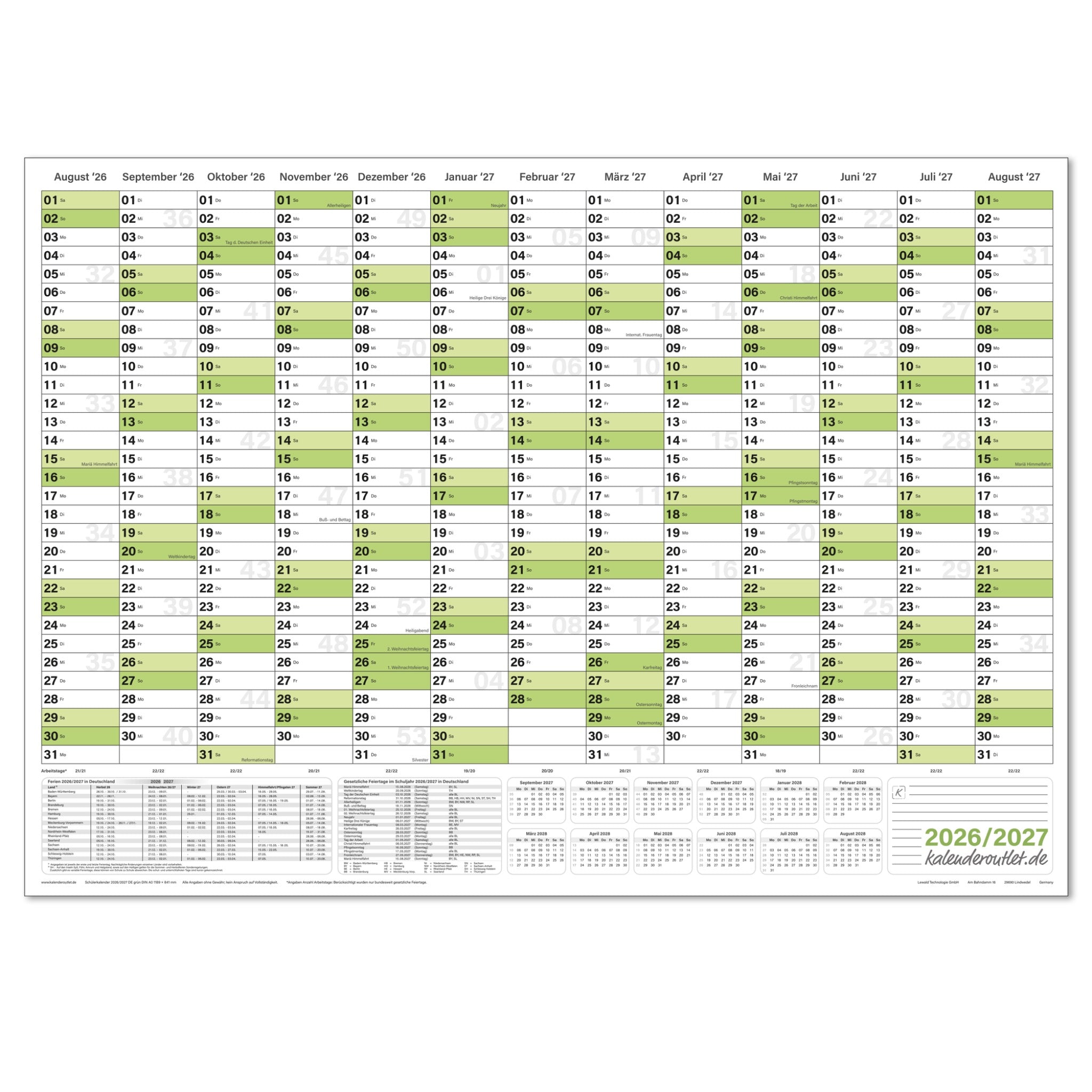 Schuljahreskalender 2026/27 A1 quer gerollt 250 g Papier