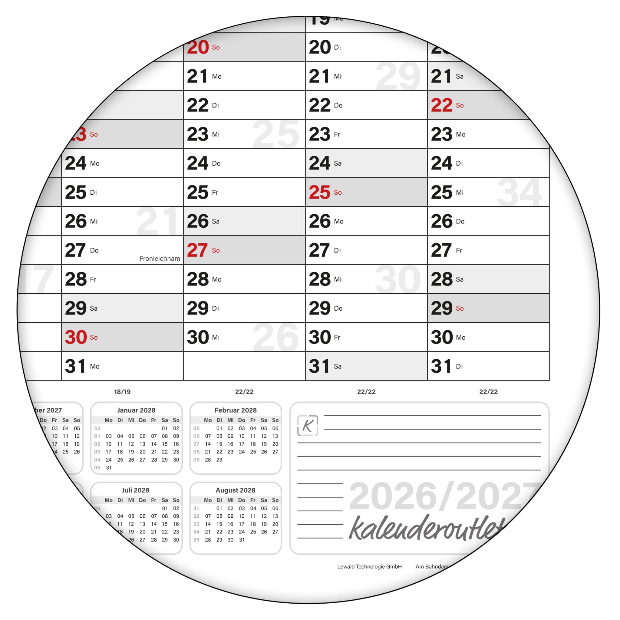 Schuljahreskalender 2026/27 A0 quer gerollt 250 g Papier