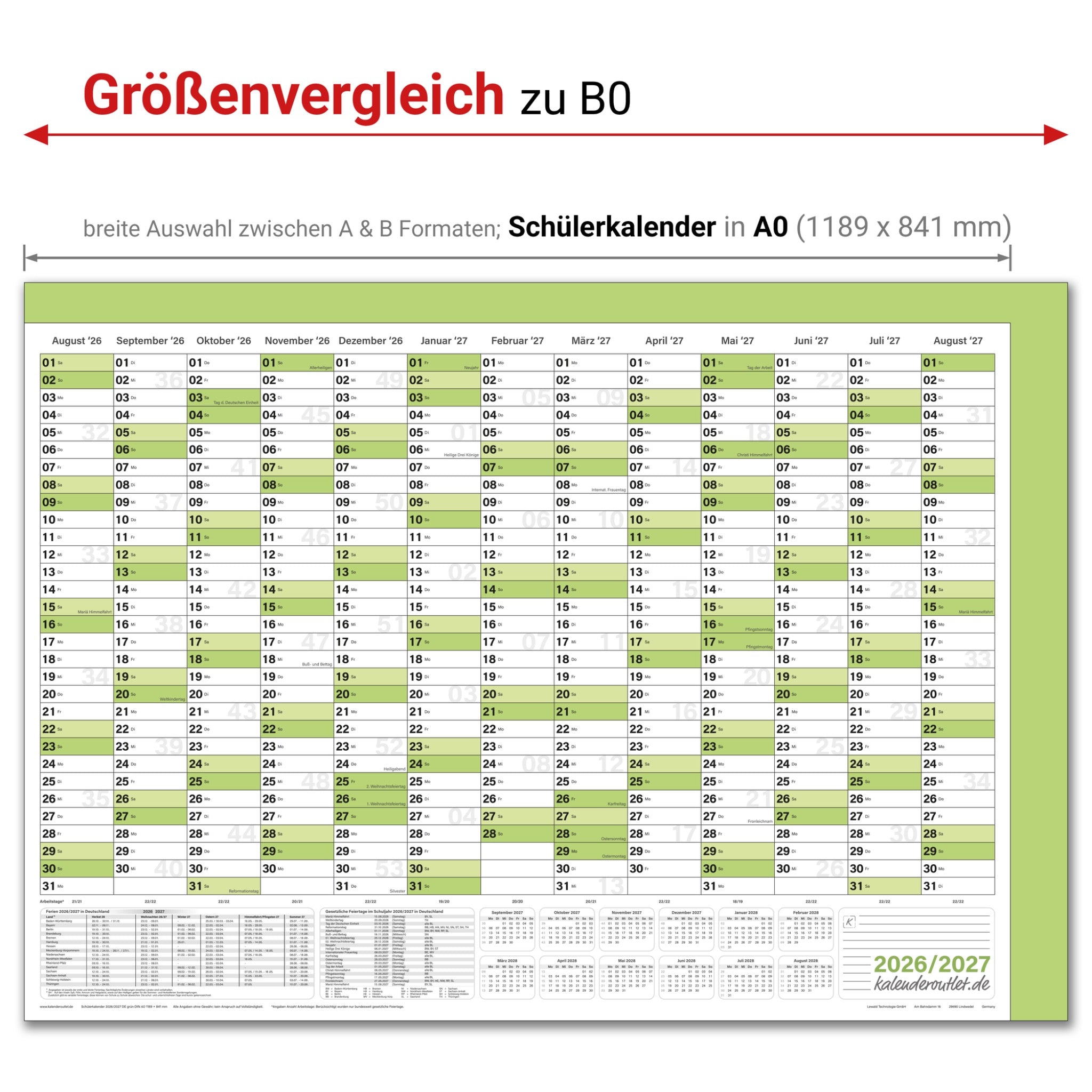Schuljahreskalender 2026/27 A1 quer gerollt 250 g Papier