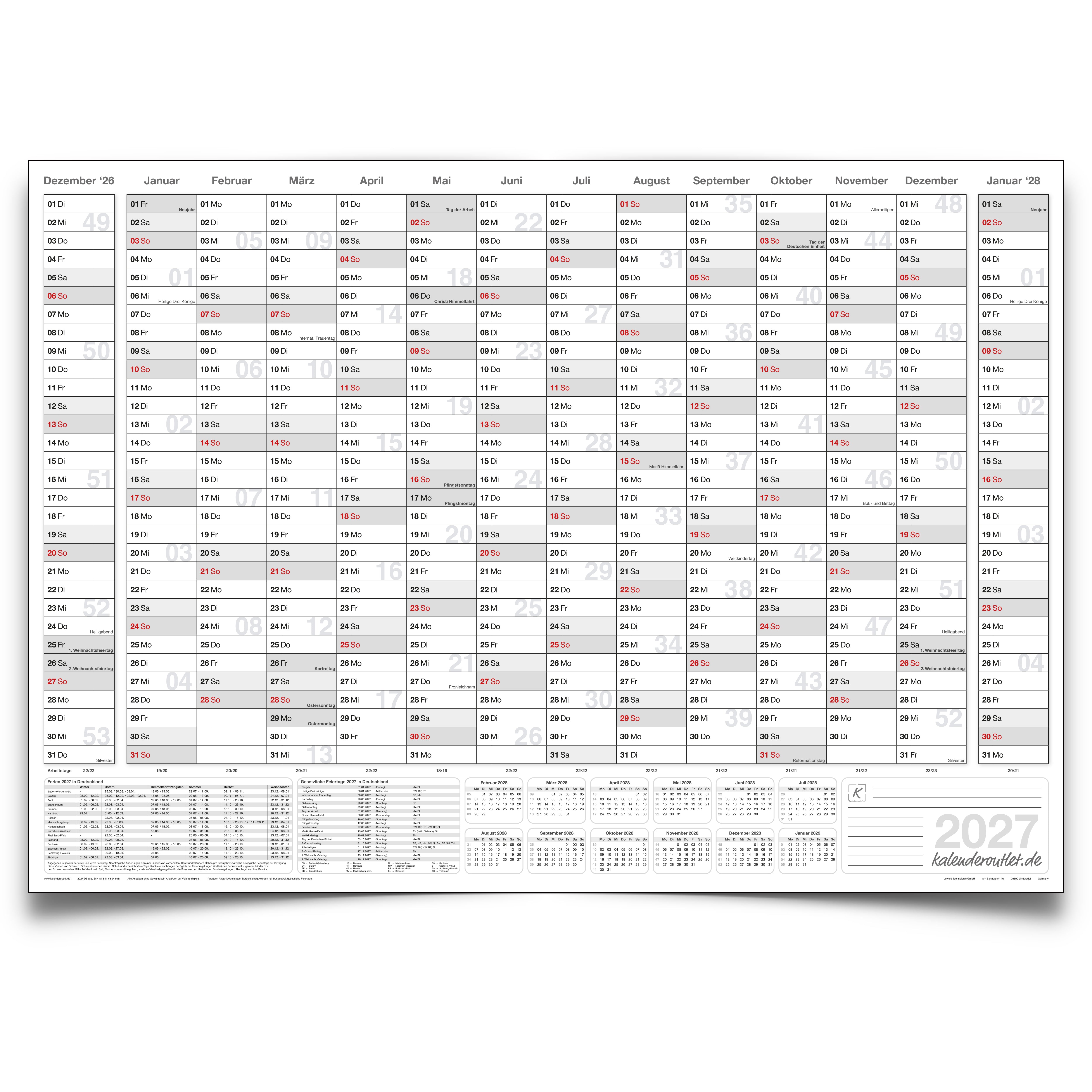 Jahreskalender 2027 B0 14 Monate gerollt 250 g Papier