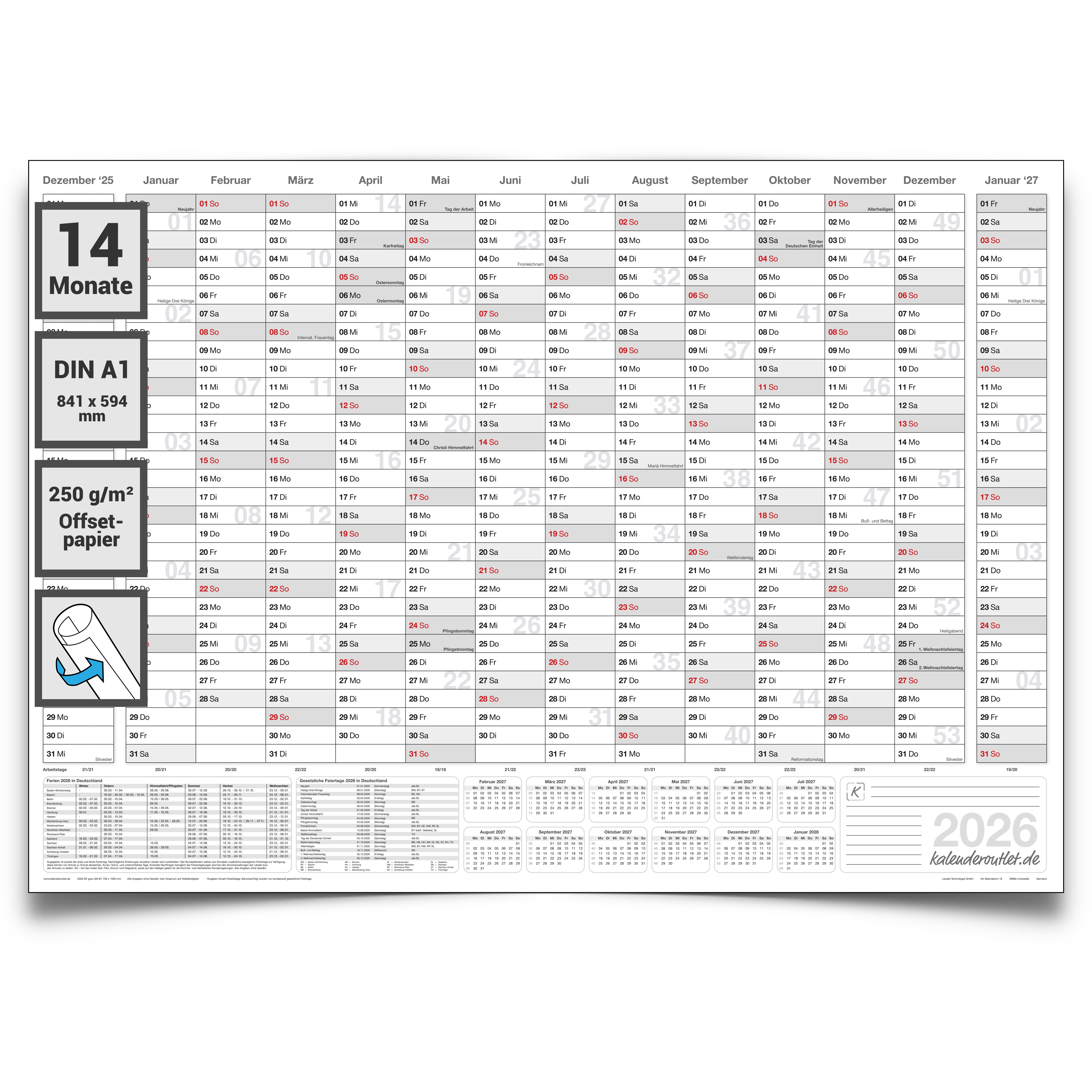 Jahreskalender 2026 A1 14 Monate quer 250 g Papier