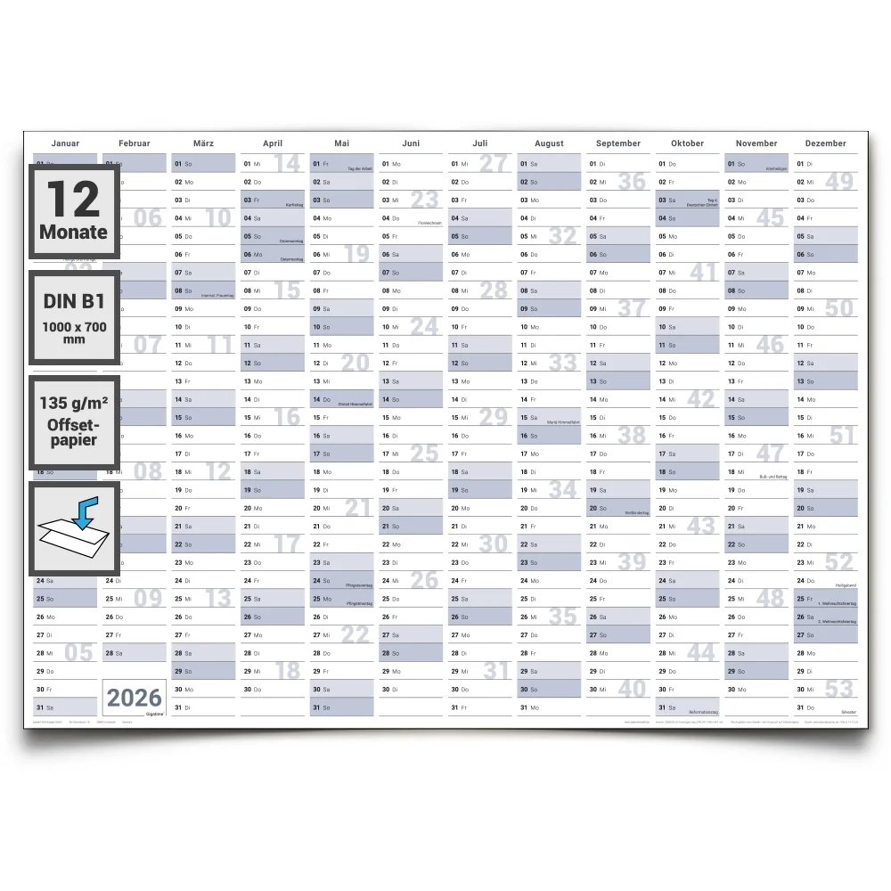 Jahreskalender 2026 B1 gefaltet 135 g Papier