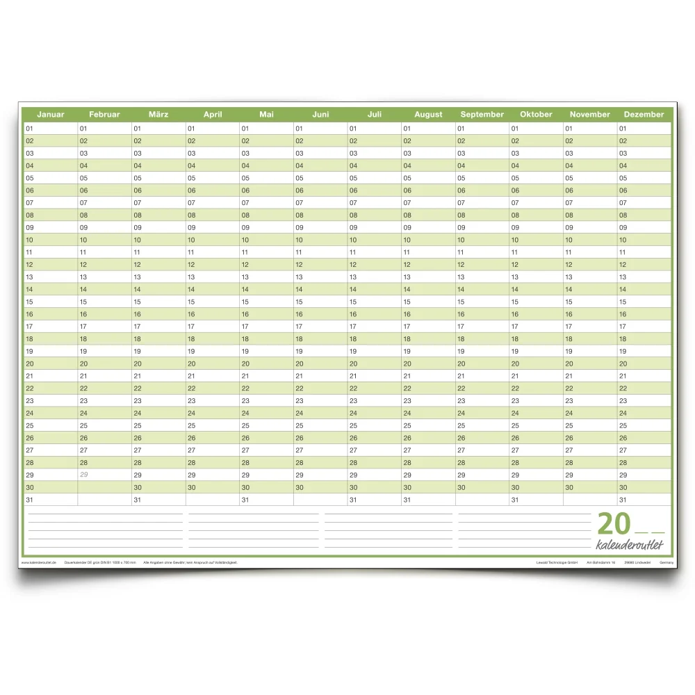 Dauerkalender DIN B0 XXL abwischbarer Wandkalender gerollt mit Marker 250 g Papier