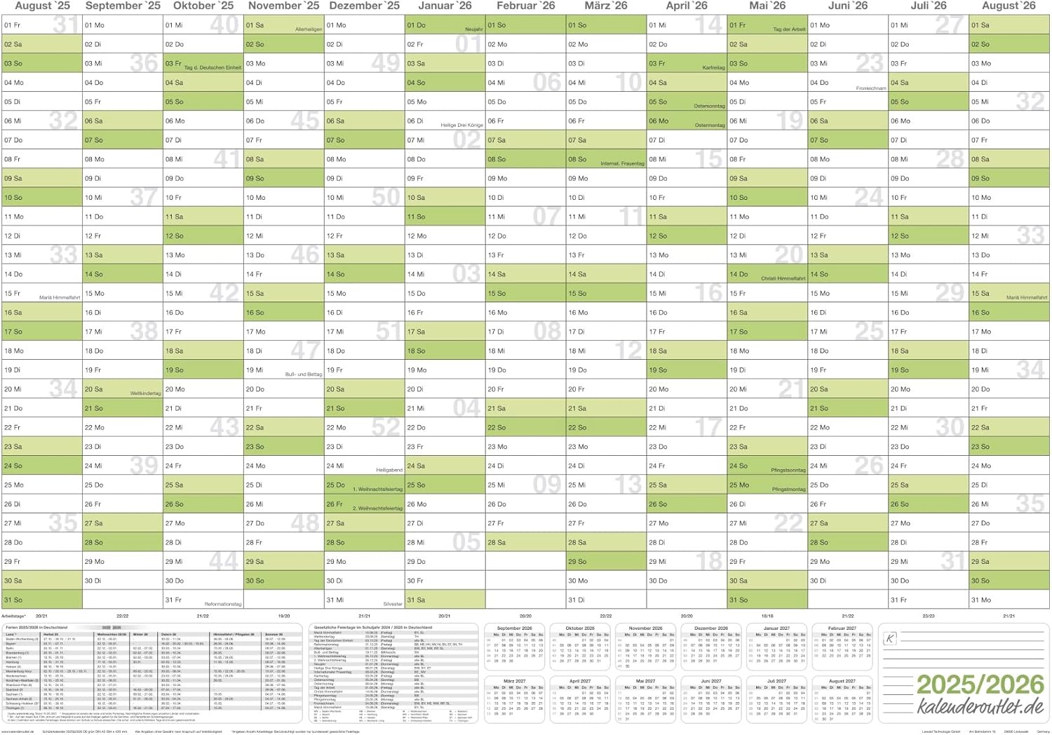 Schuljahreskalender 2025/26 A1 quer gerollt 250 g Papier
