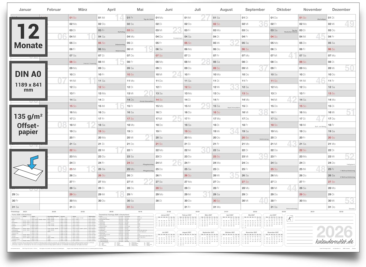 Jahreskalender 2026 A0 (3er-Pack) gefaltet 135 g Papier