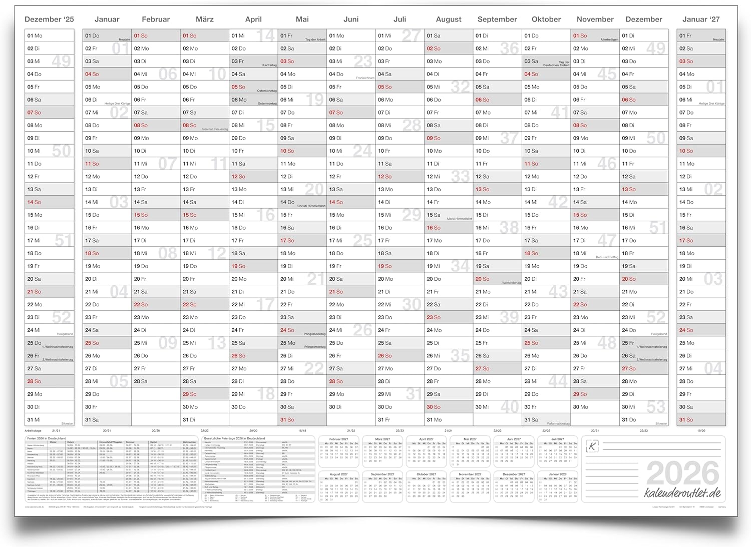 Jahreskalender 2026 B1 14 Monate gerollt 250 g Papier