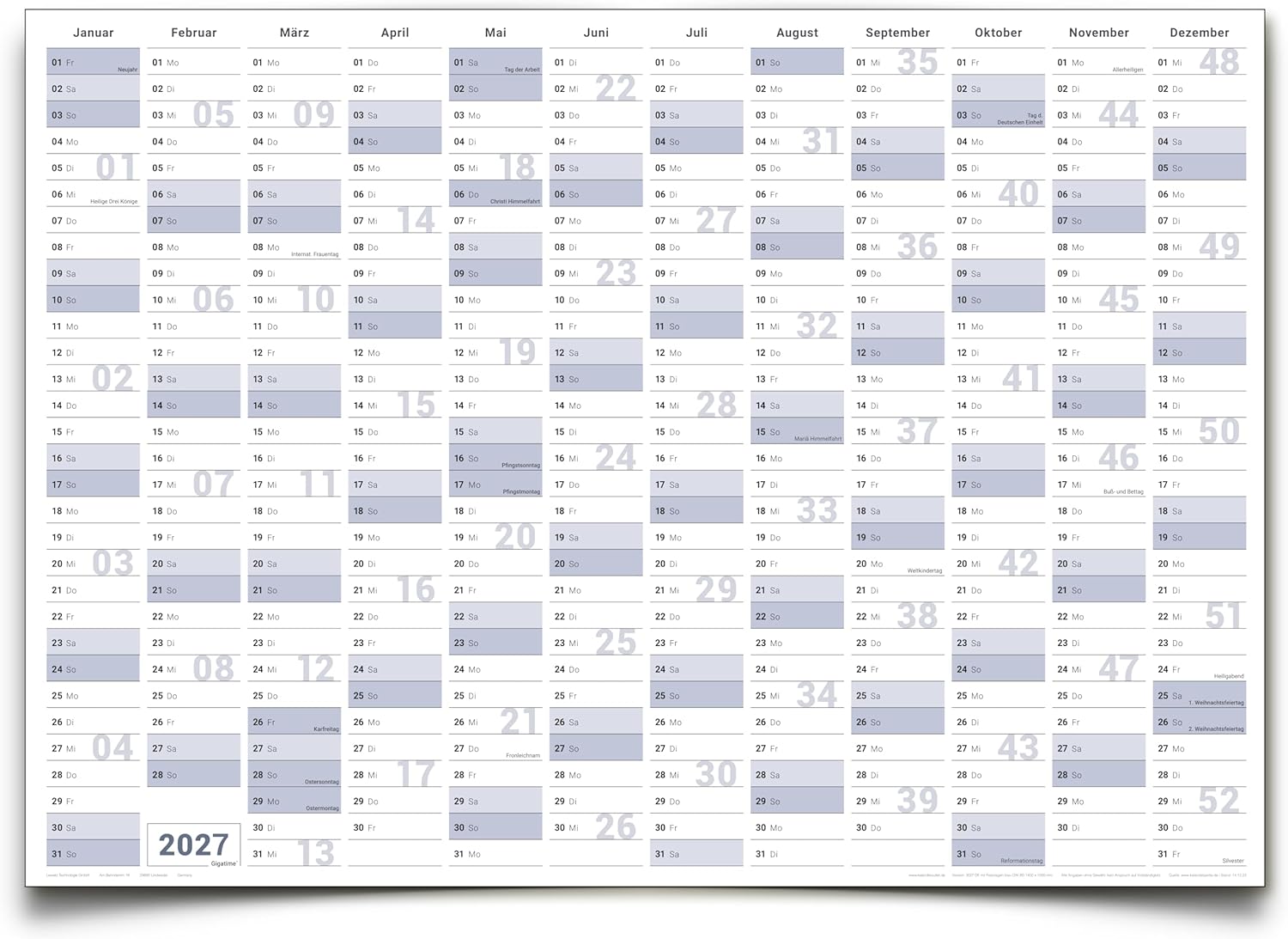 Jahreskalender 2027 B0 abwischbar gerollt mit 4er Stifte-Set & Schwamm 250 g Papier