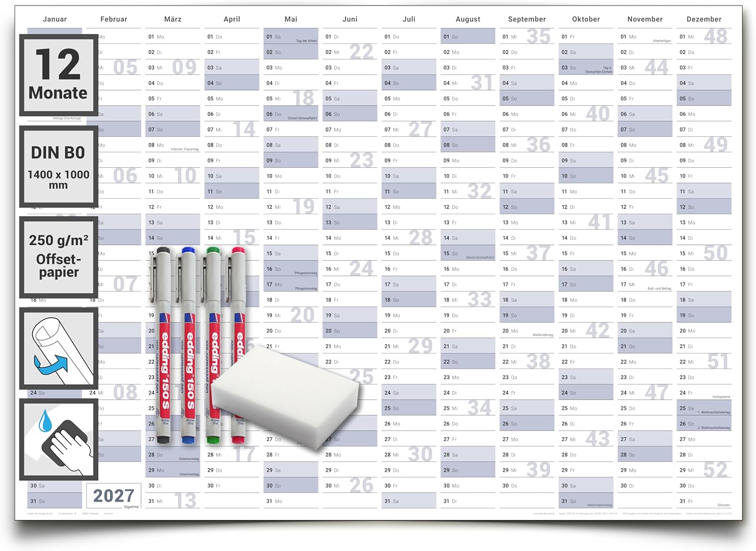 Jahreskalender 2027 B0 abwischbar gerollt mit 4er Stifte-Set & Schwamm 250 g Papier
