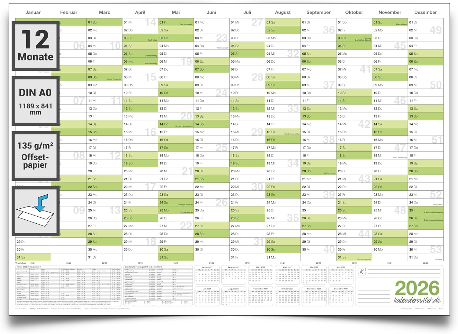Jahreskalender 2026 A0 gefaltet 135 g Papier