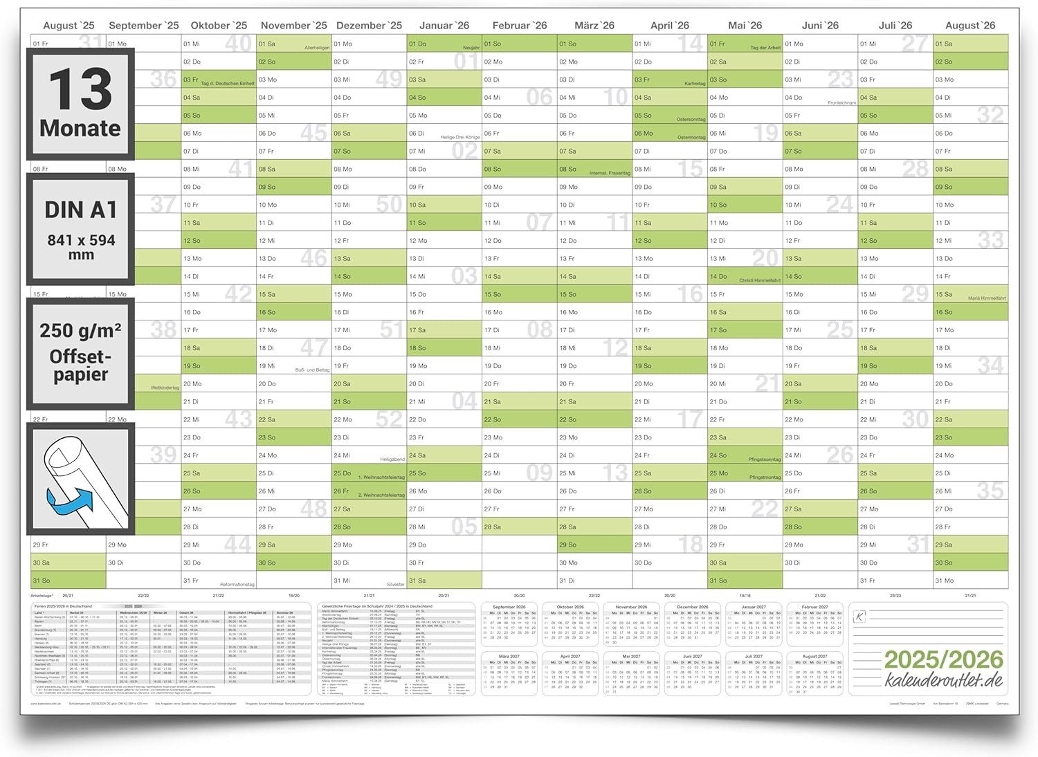 Schuljahreskalender 2025/26 A1 quer gerollt 250 g Papier
