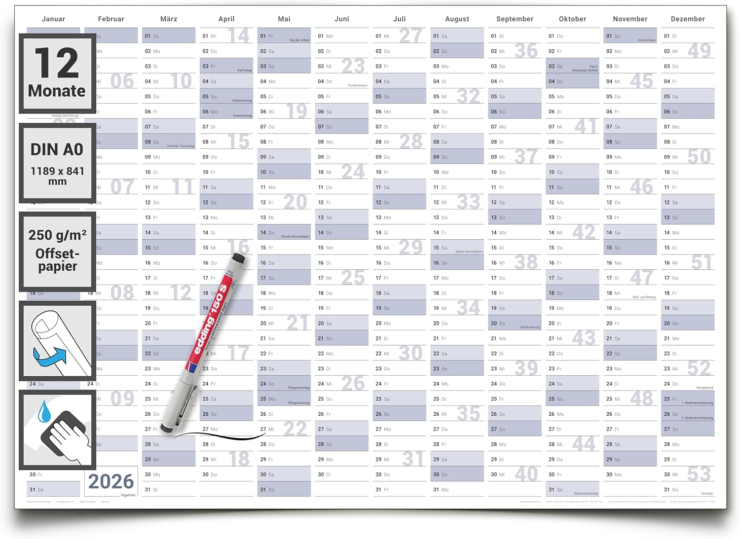 Jahreskalender 2026 A0 abwischbar gerollt mit Marker 250 g Papier