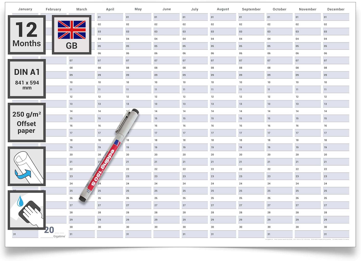 Dauerkalender A1 abwischbar gerollt mit Marker 250 g Papier